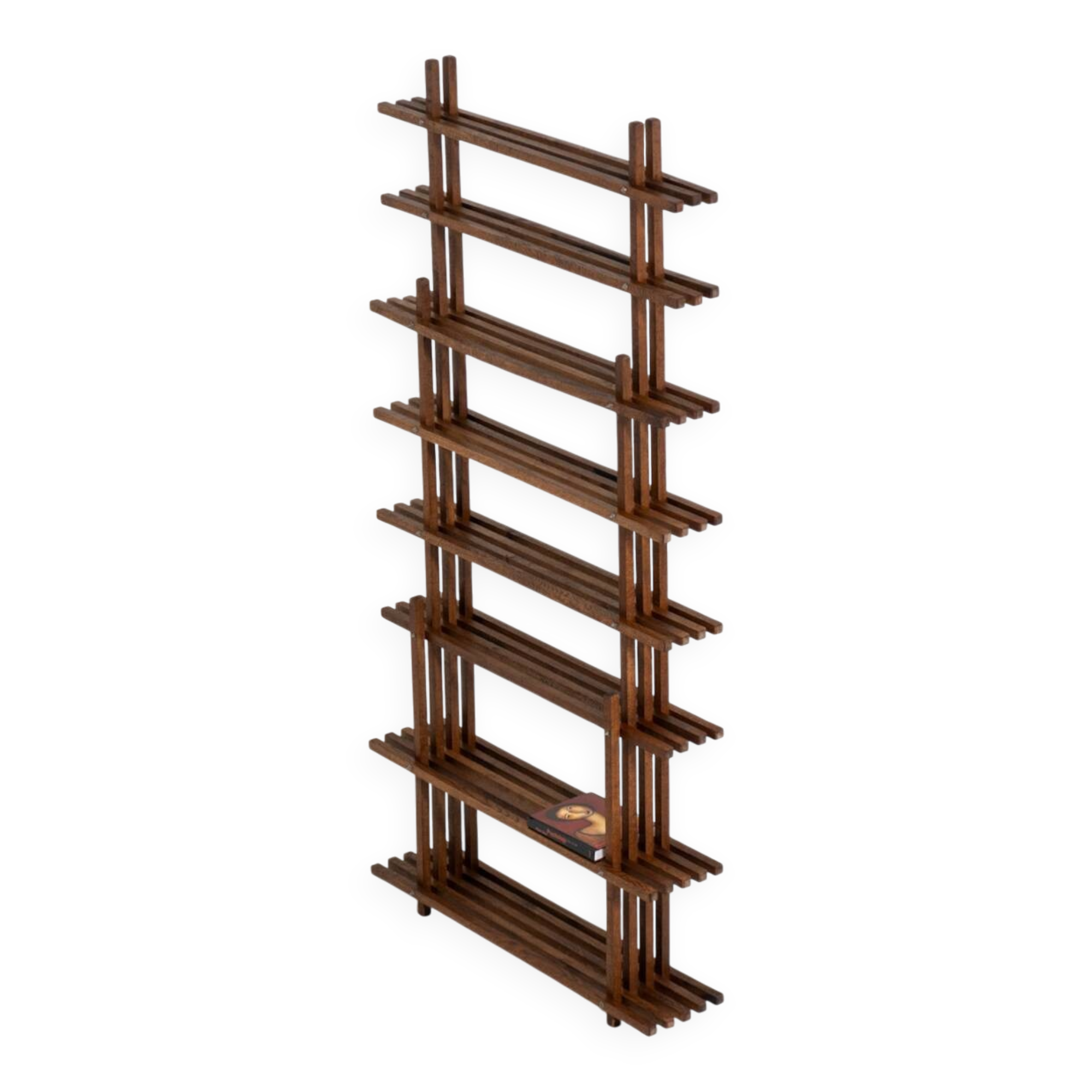 Sculptural wengé slat bookcase (Europe, 1960s).