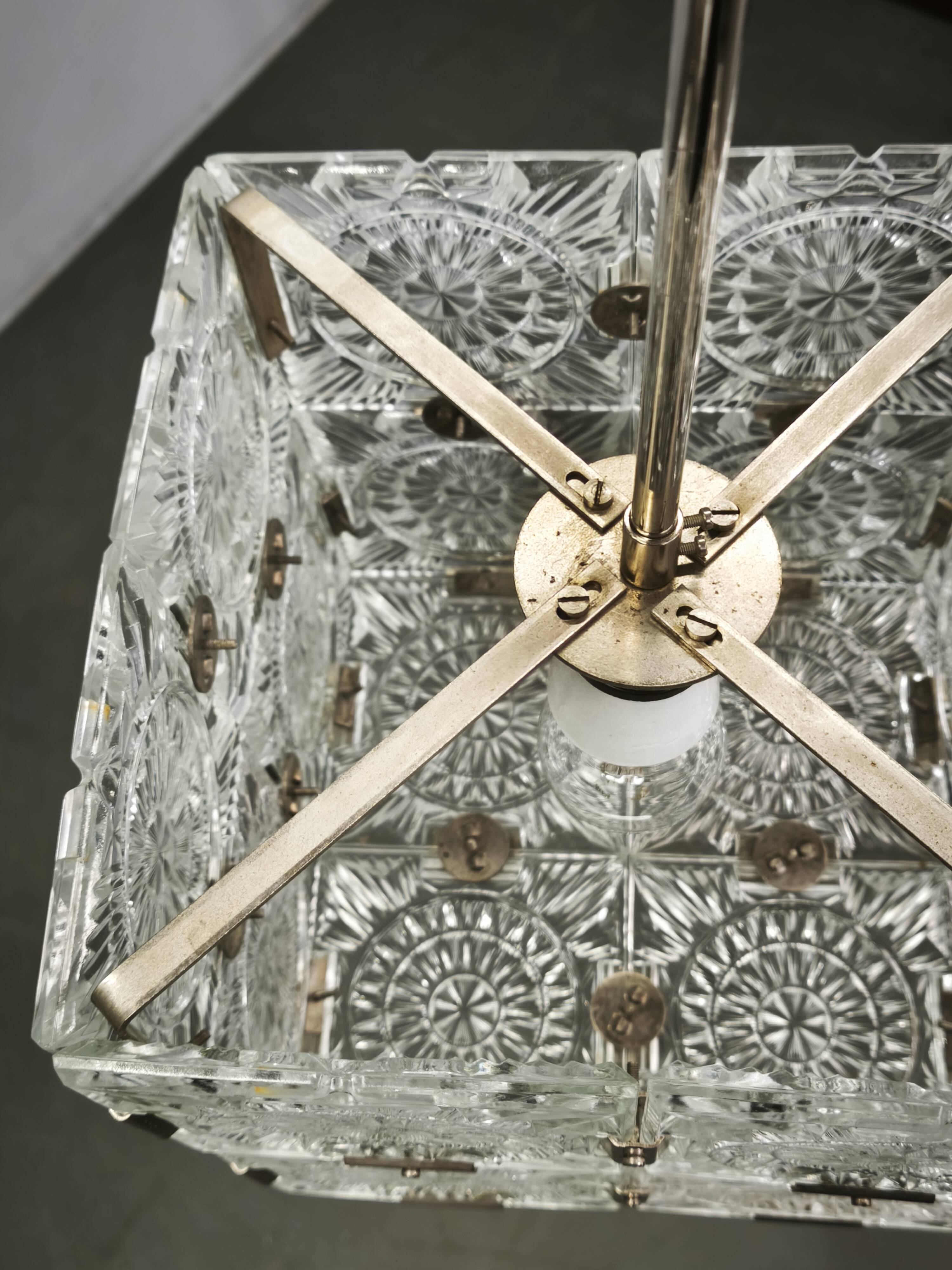 1970s Czech Geometric Pressed Glass and Chrome Cube Pendant Light