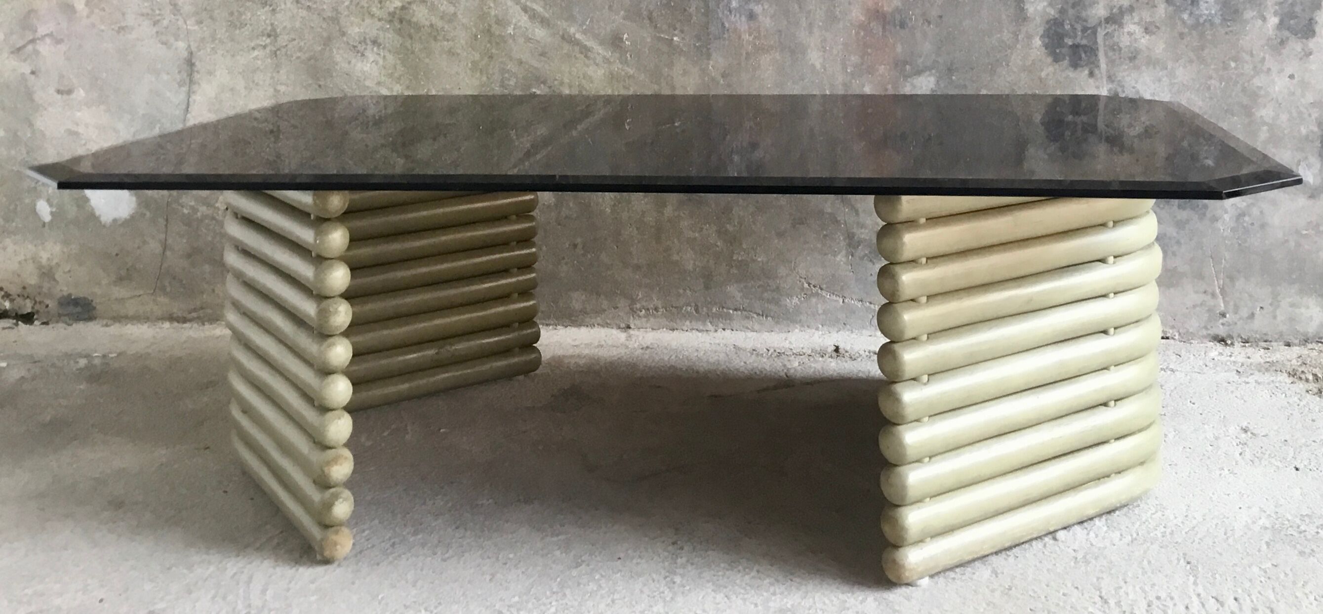 Coffee table smoked glass and wood Flecht workshop, Schütz, made in W Germany