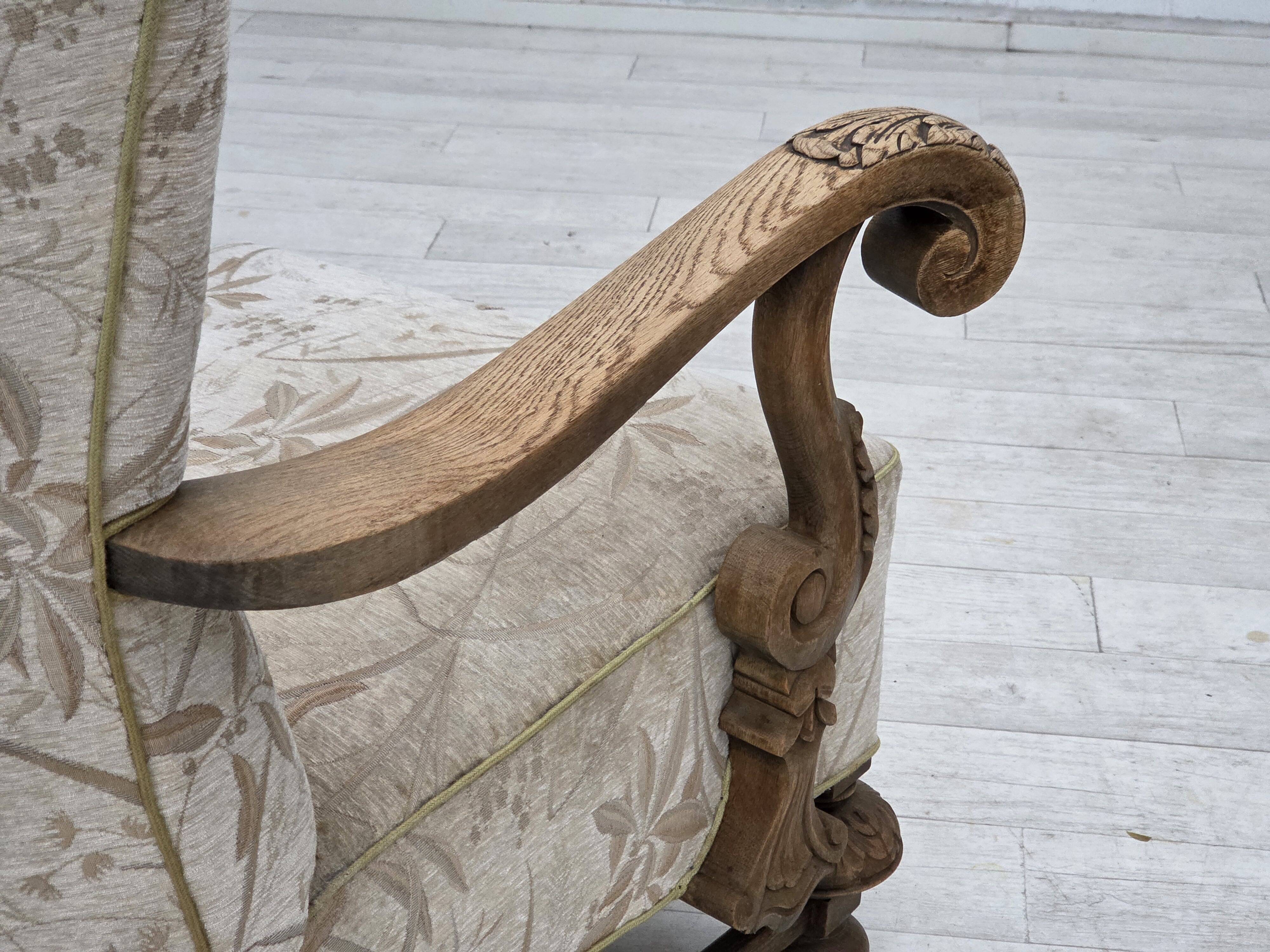 1960s, Danish armchair, beige/brown furniture fabric, carved oak wood.