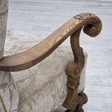 1960s, Danish armchair, beige/brown furniture fabric, carved oak wood.