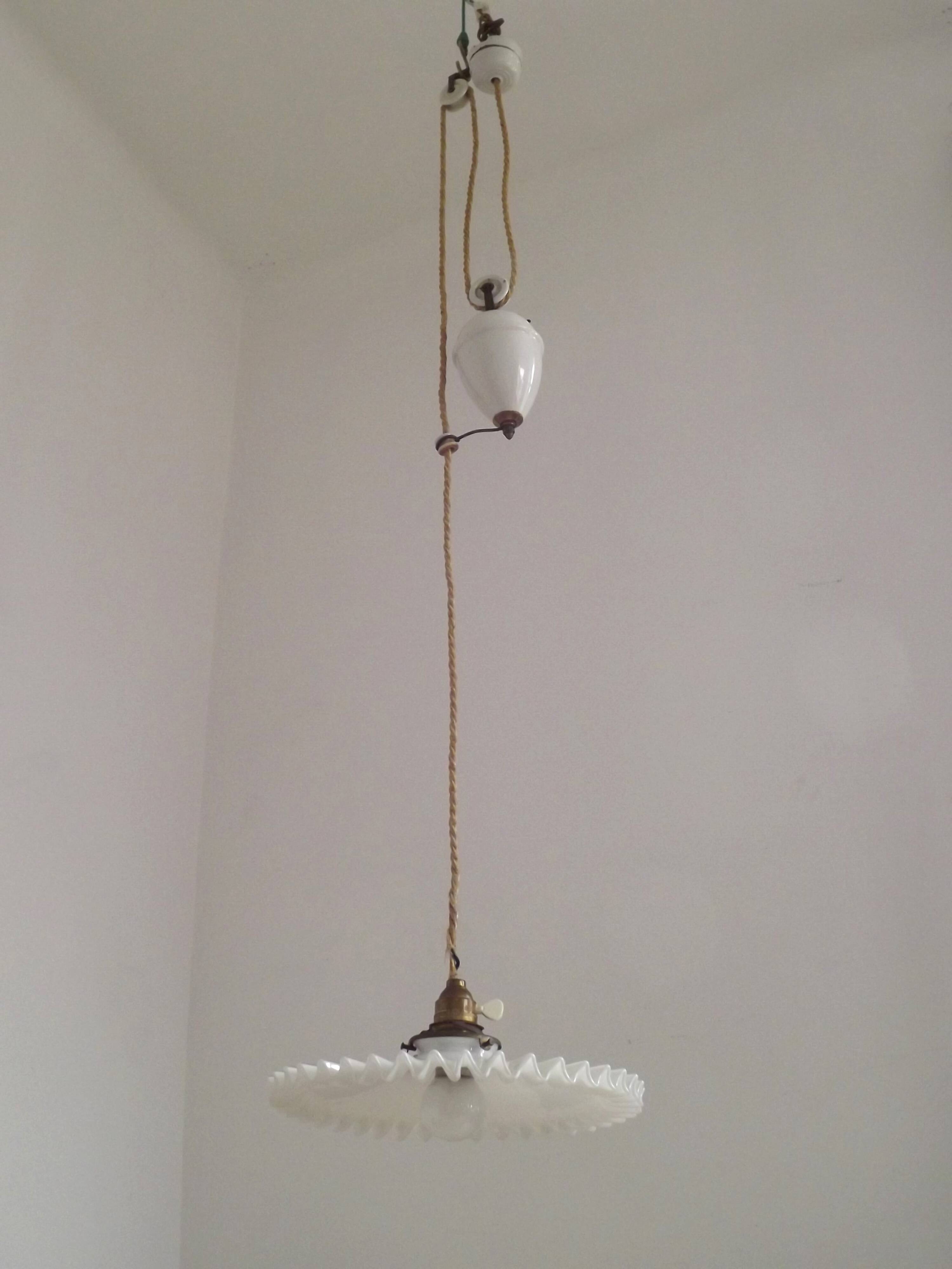 Vintage French Rise & Fall Counterbalance Ceiling Light Opaline Glass Shade