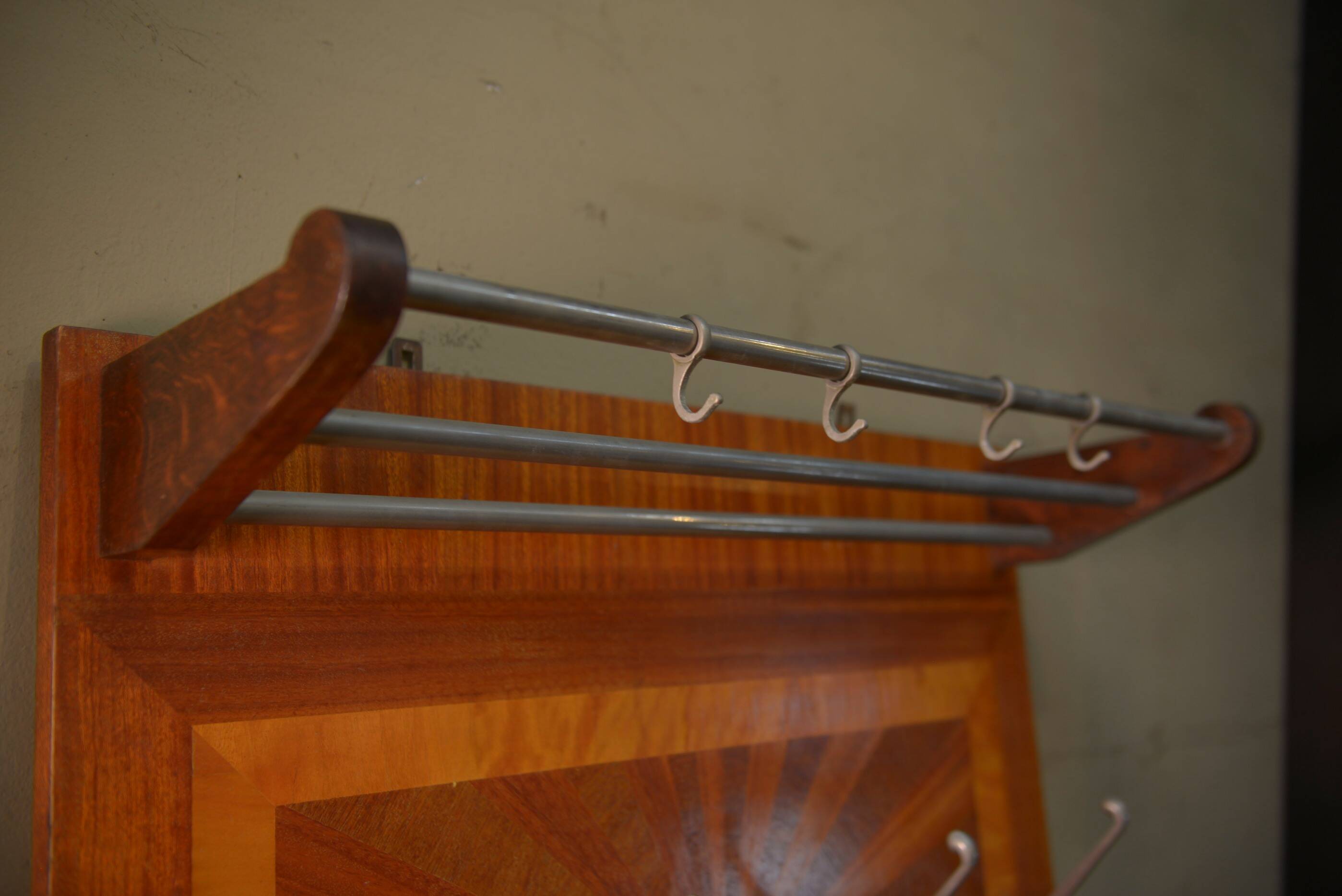 Art Deco marquetry and aluminum wall coat rack
