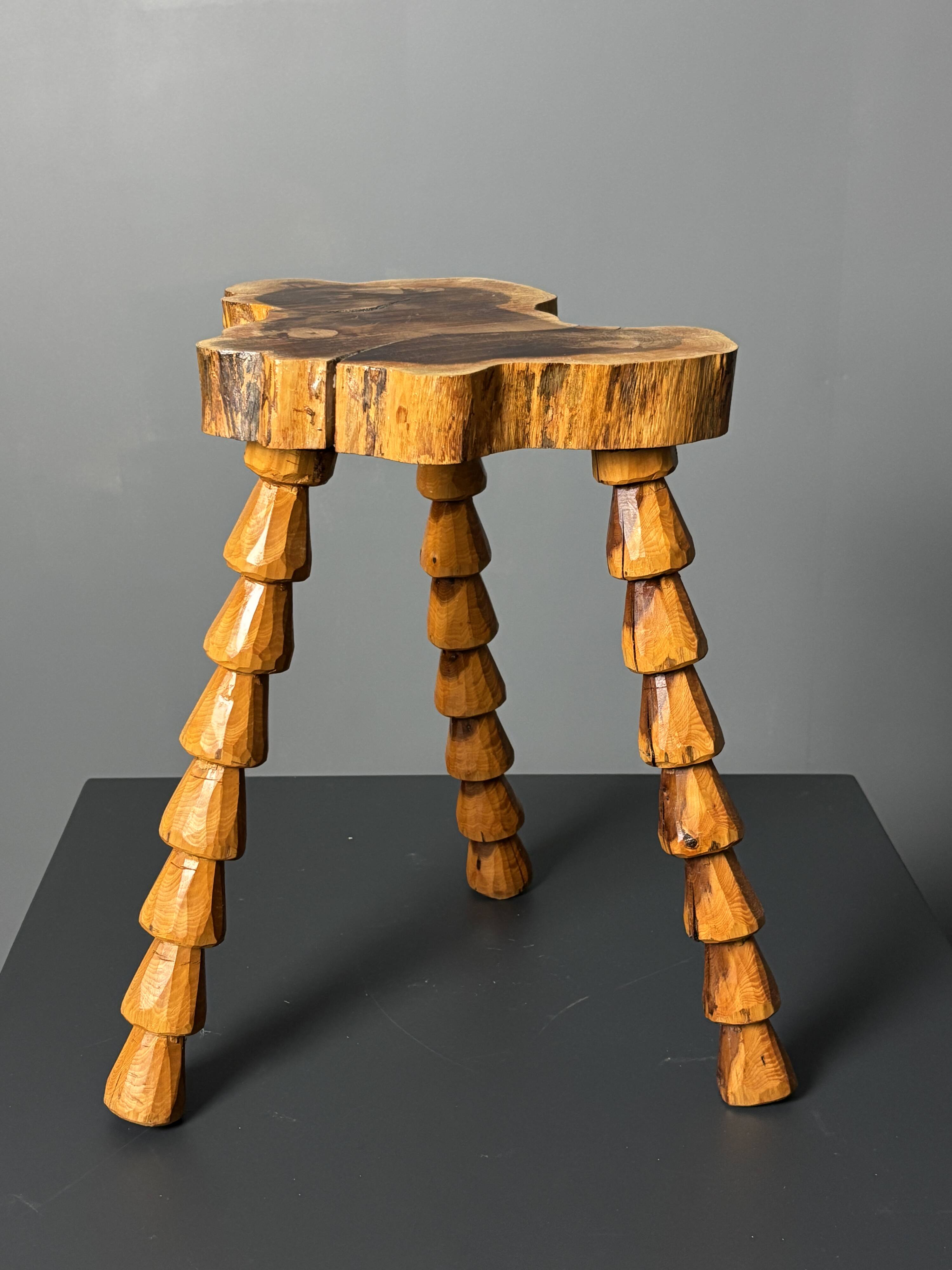 Midcentury brutalist artisanal wood turned handmade tripod stool, ca 1960s