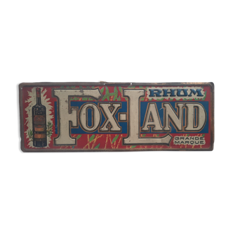 Old sheet metal plate "Rhum Fox-Land" 12x35cm 30's