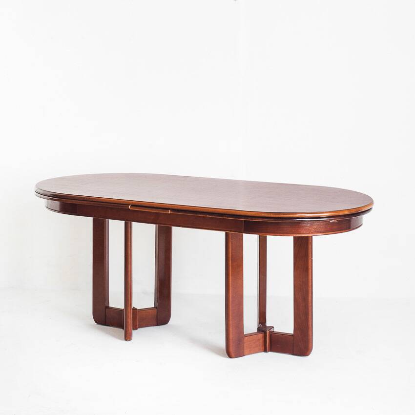 Vintage dining table with two extensions in varnished elm. Spain, 80s.