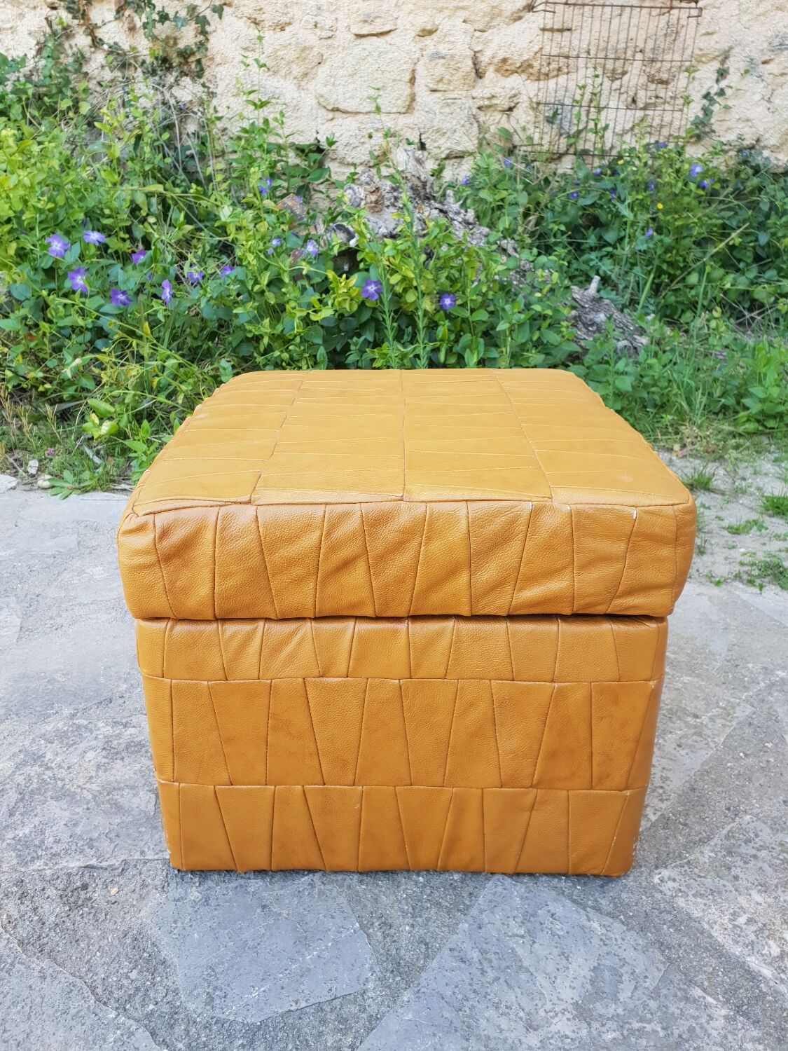 Leather patchwork chuff pouf 1970