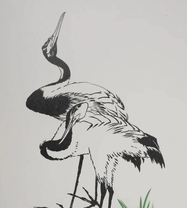Mokuchu URUSHIBARA : Estampe japonaise, Les hérons (blanc), Gravure sur bois signée