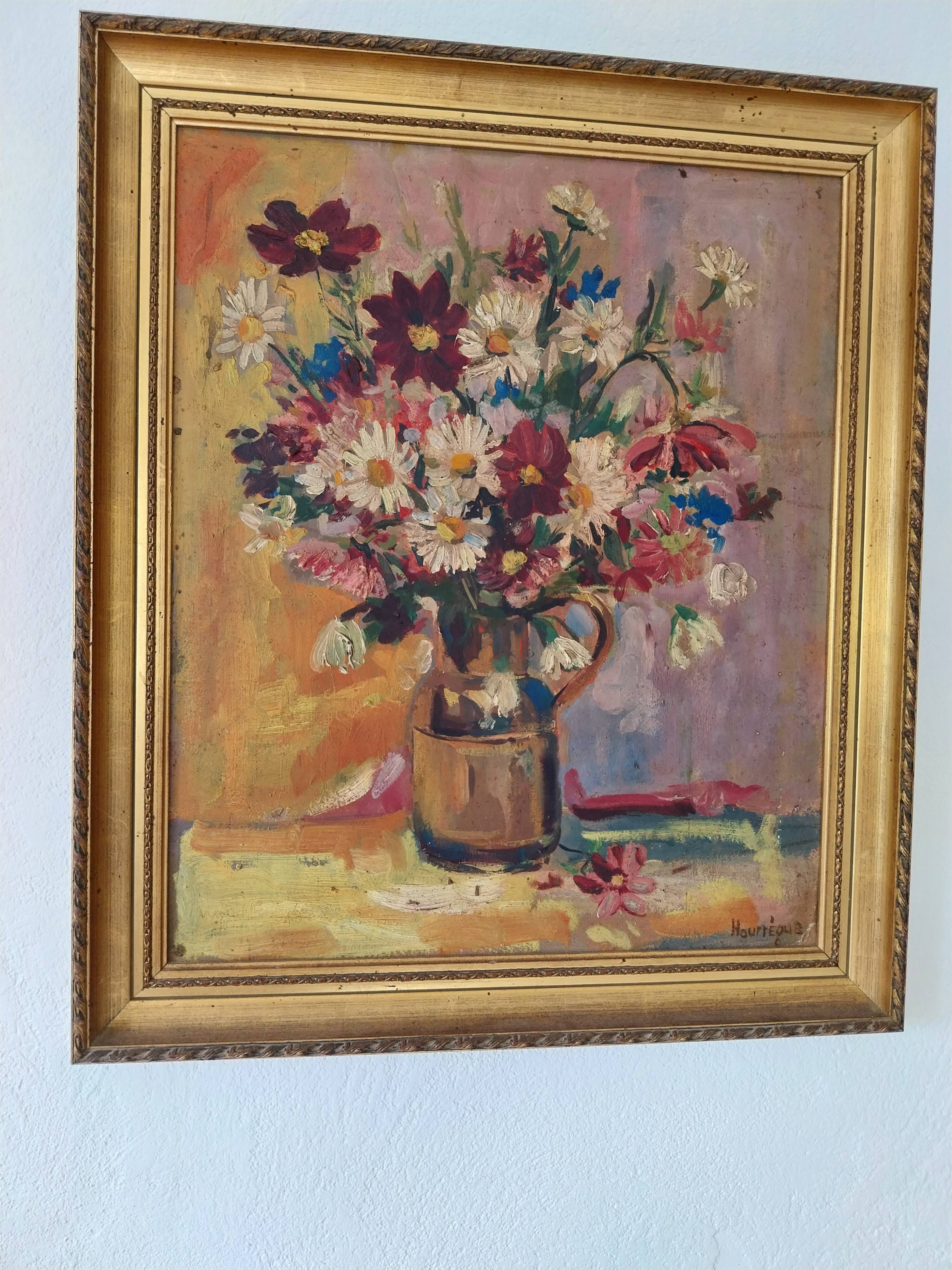 Huile sur panneau vintage signée Hourregue - bouquet de fleurs