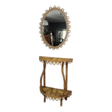 Ensemble miroir et console en bambou et rotin