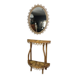 Ensemble miroir et console en bambou et rotin