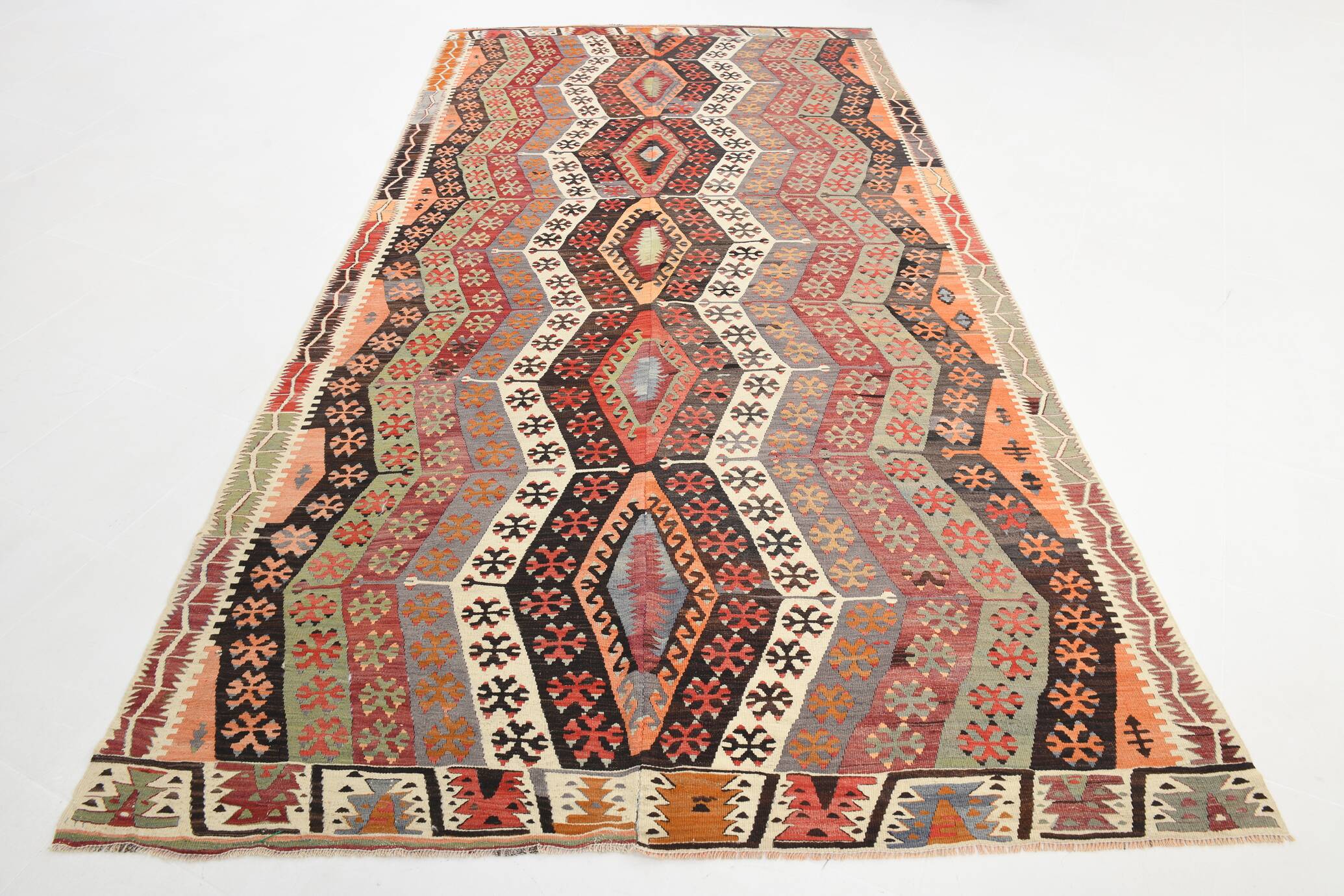 Pastel Tones Geometric Pattern Turkish Woven Wool Kilim Rug, 185x350 Cm