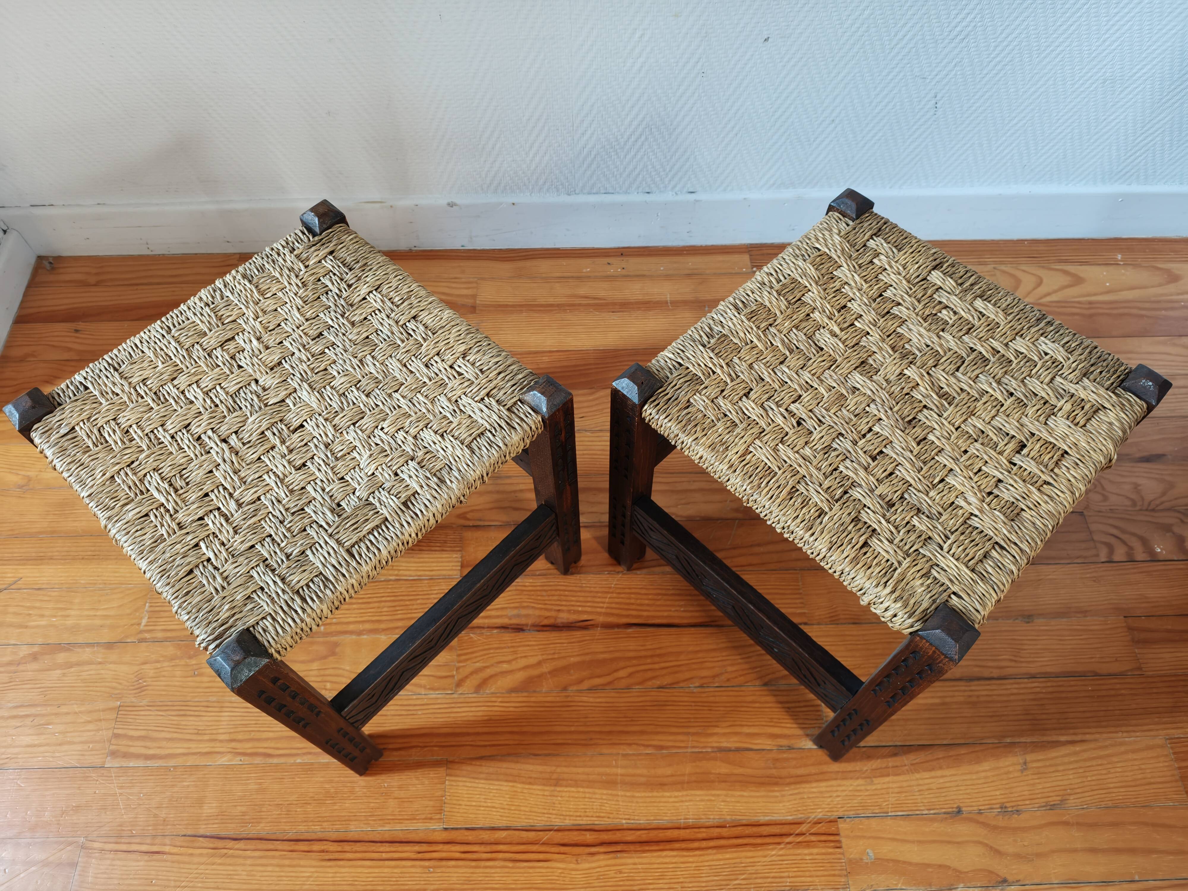 Pair of handcrafted stools from Friuli in carved wood, Italy, circa 1960.