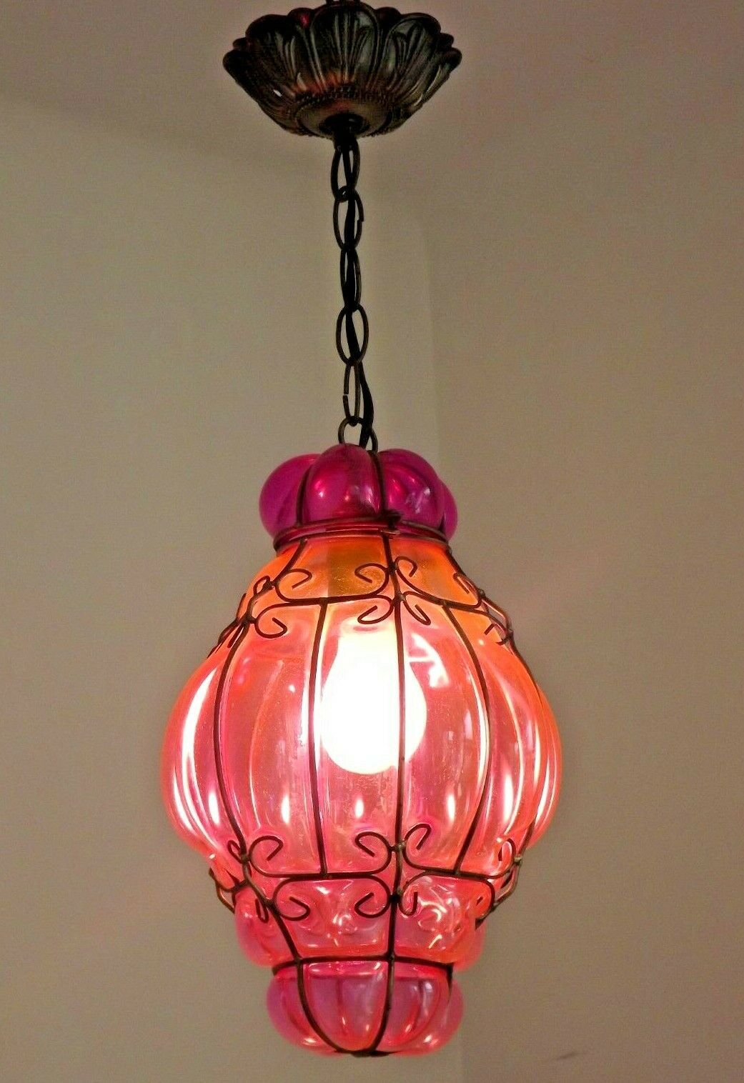 Beautiful Shaded Deep Pink  Murano Blown Glass Wrought Iron Ceiling Light