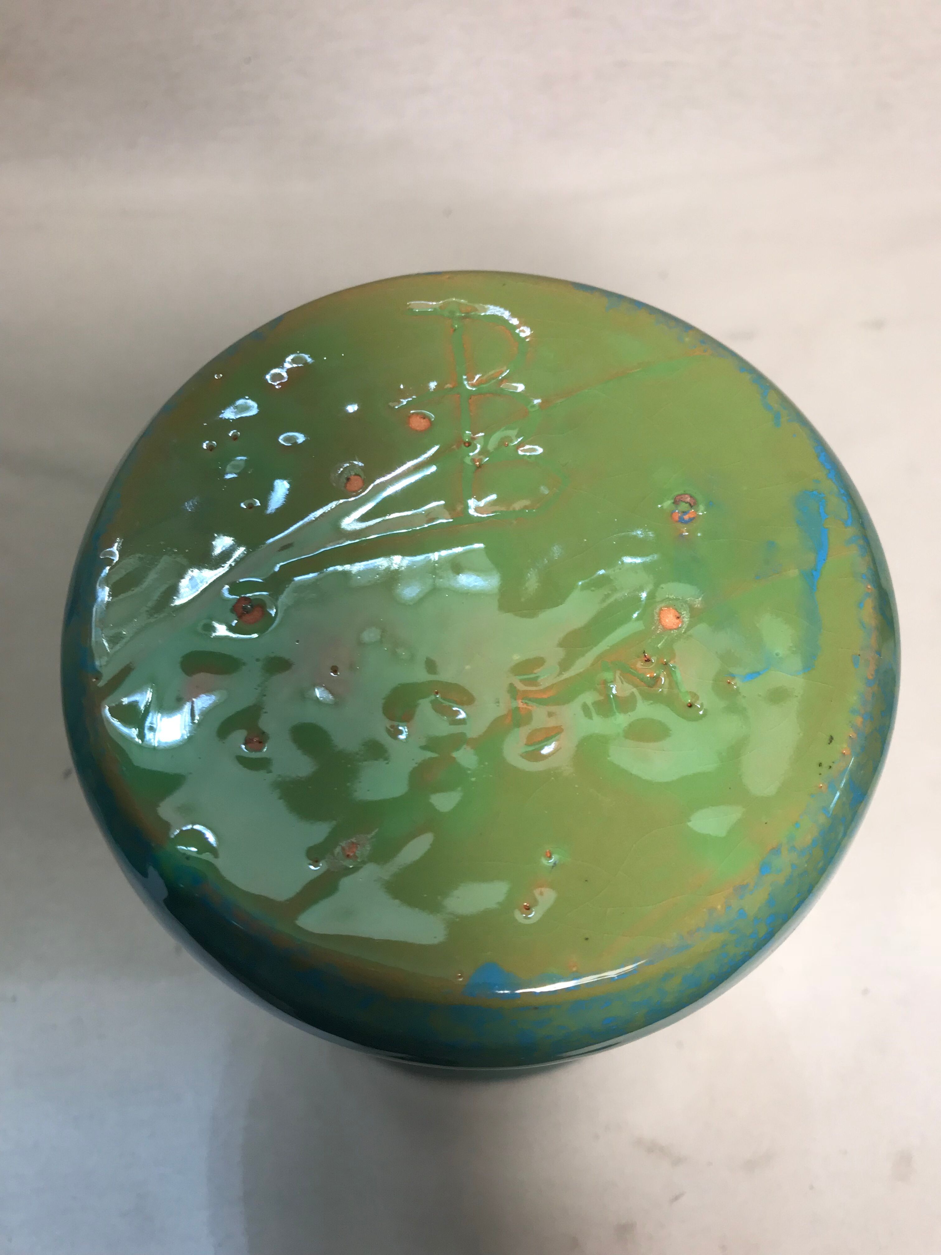 Old green blue decoration ceramic vase signed vintage