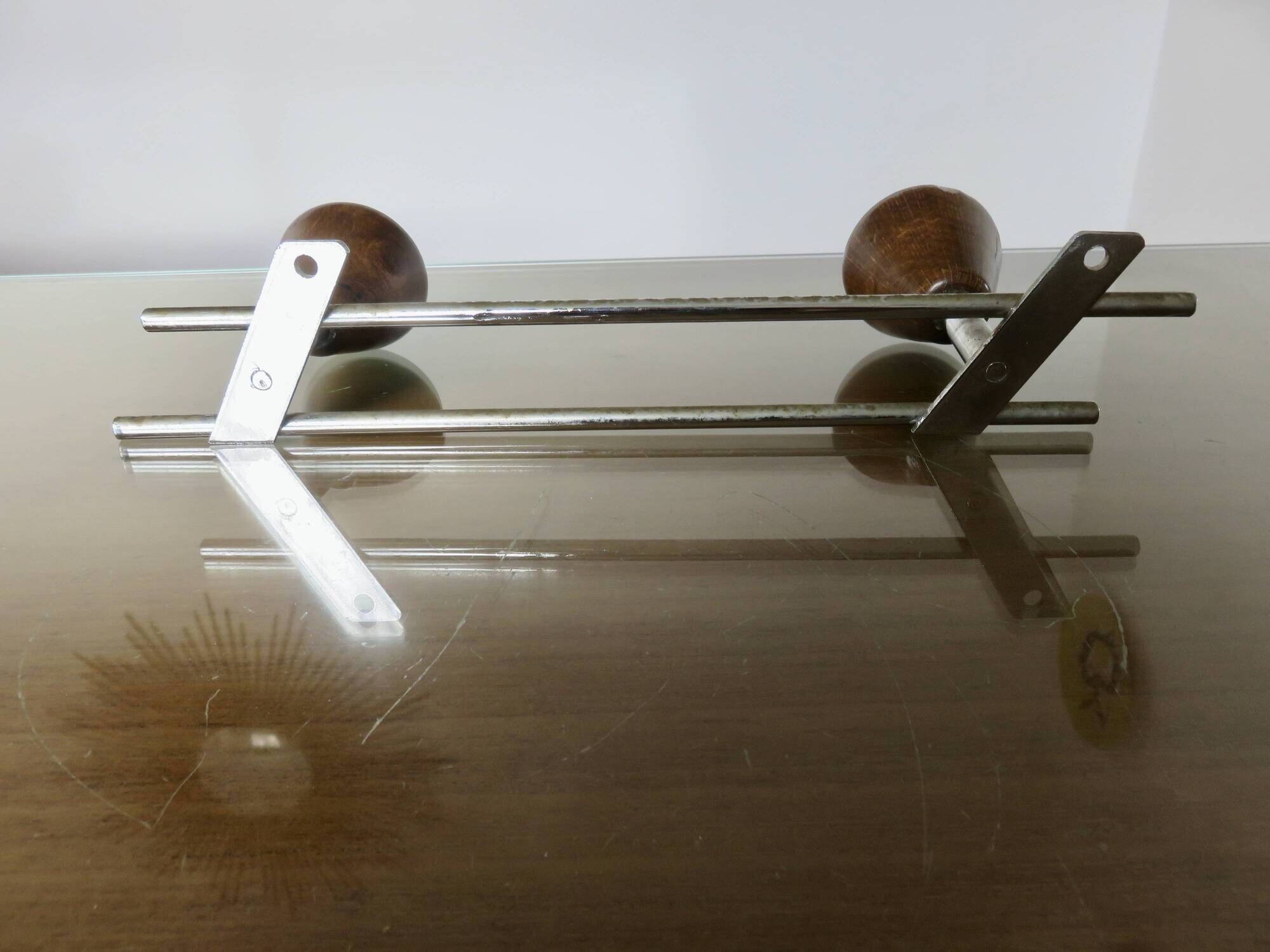 Scandinavian wall-mounted coat rack, wood and chrome-plated metal, 1960s-70s