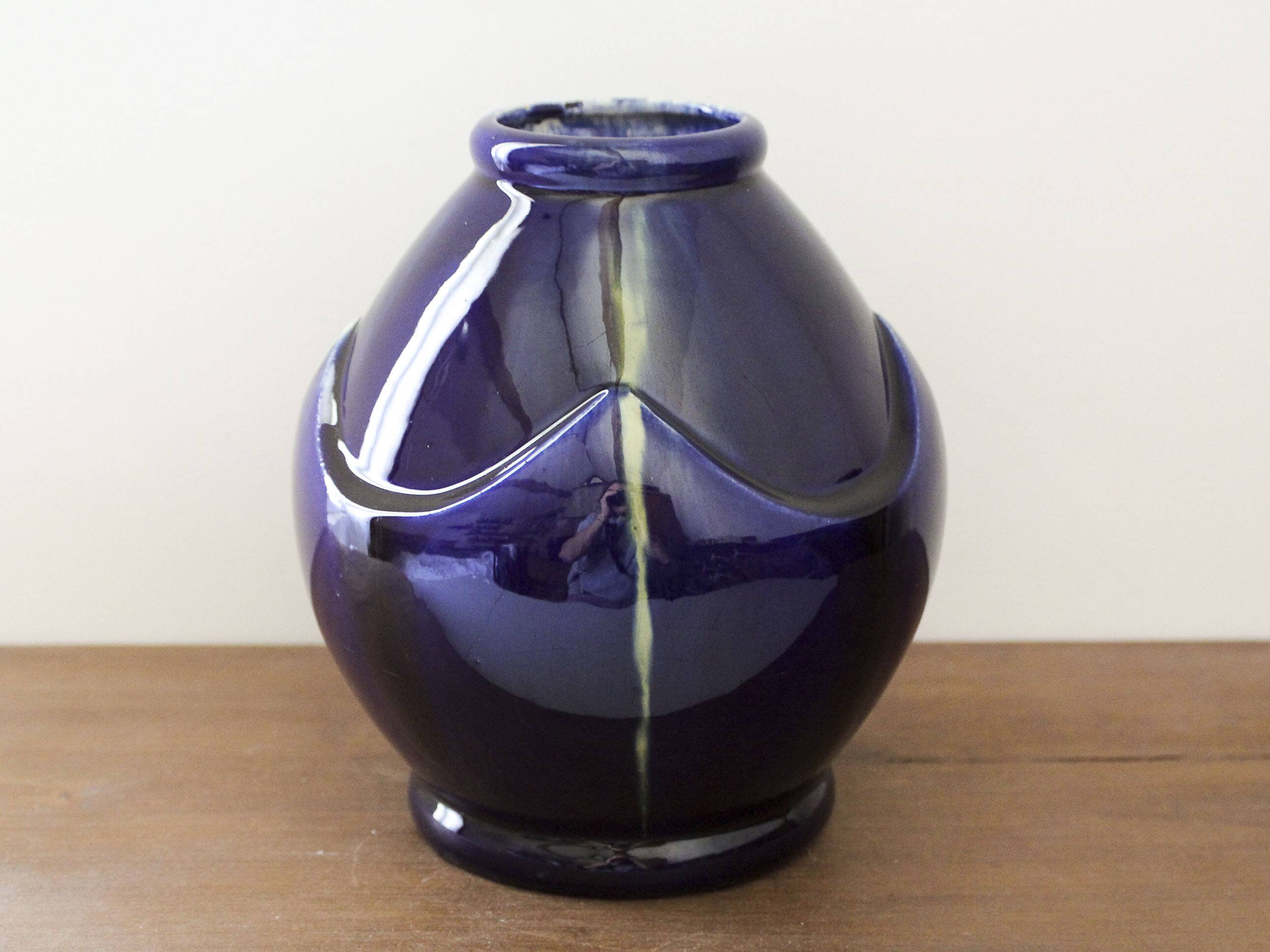 Art Deco vase in midnight blue glazed ceramic