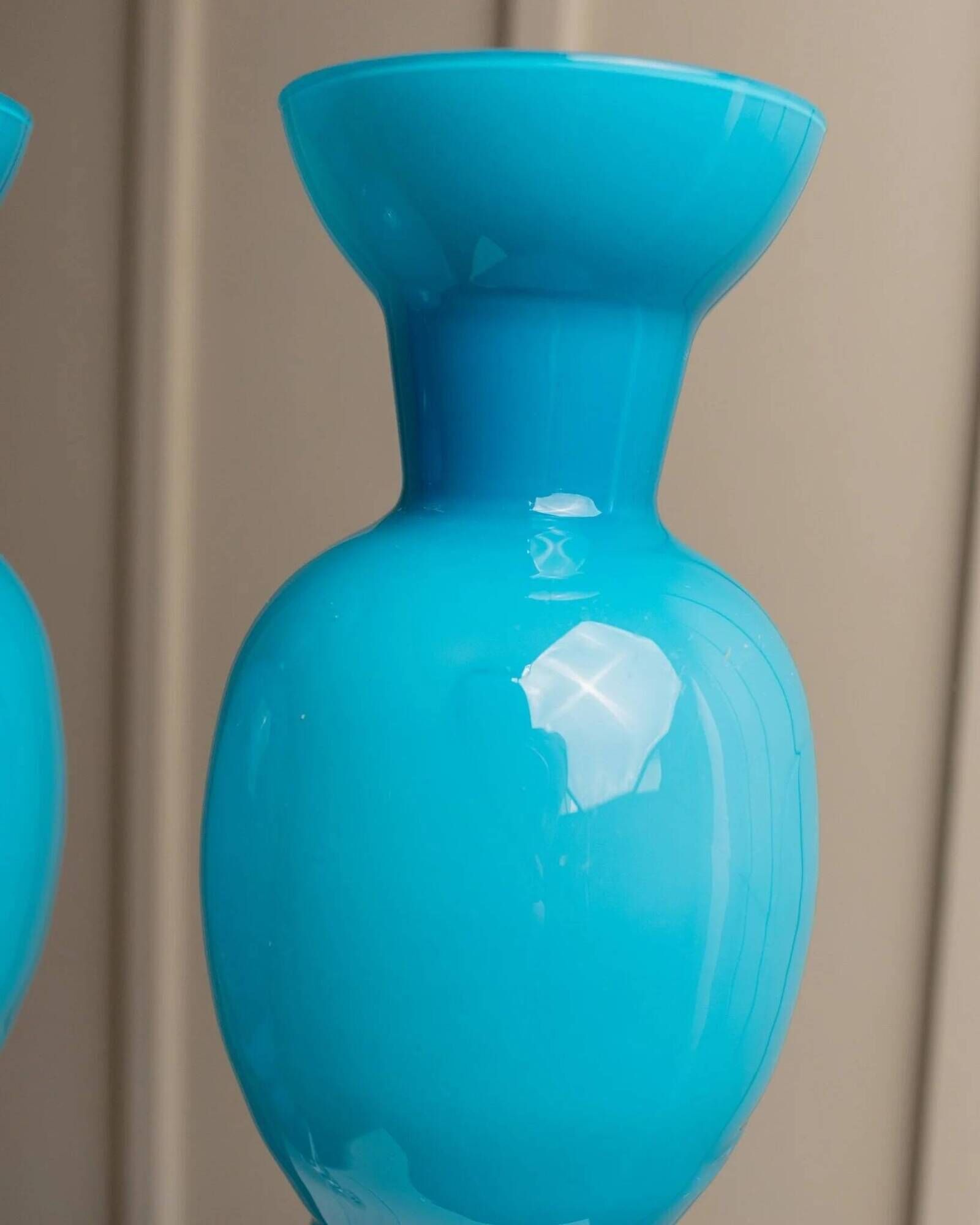 Azure Blue Murano Glass Vase XL, Fluted Beaded Silhouette, 1960s Hollywood Regency