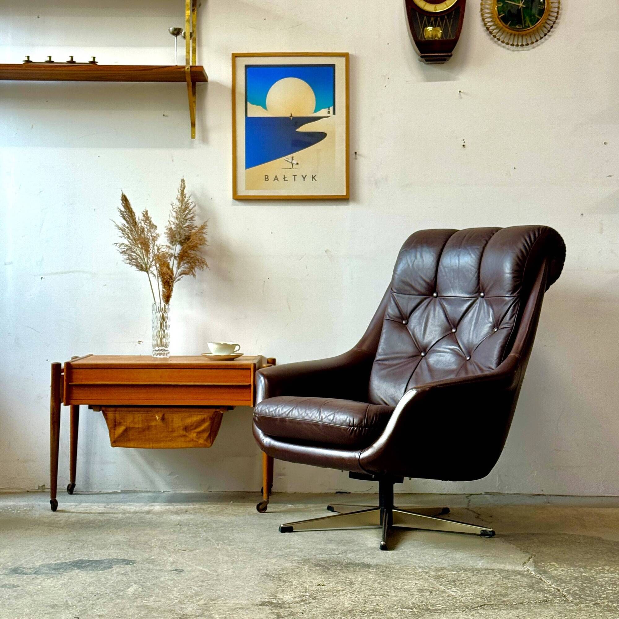 Fauteuil pivotant en cuir, Danemark, années 1960/1970, style Mid-C Modern, vintage