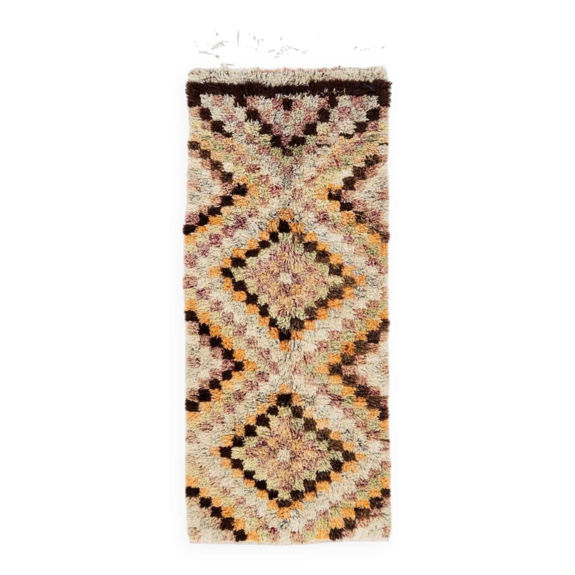 Vintage Hand-Knotted Tulu Runner Rug with Geometric Diamond Design in Cream, Brown and Orange, 100% Wool