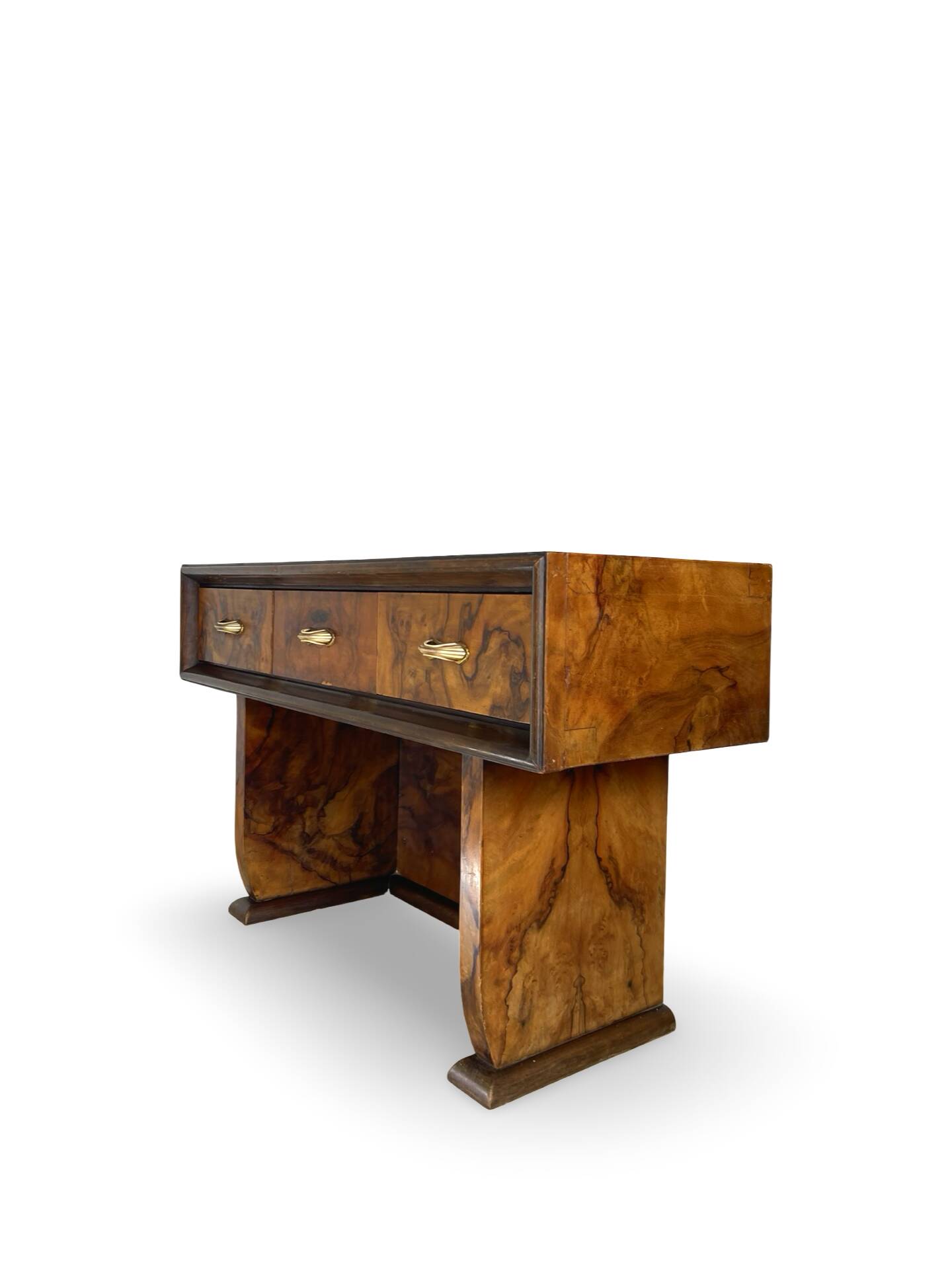 Italian burl walnut art deco console table, 1930s.