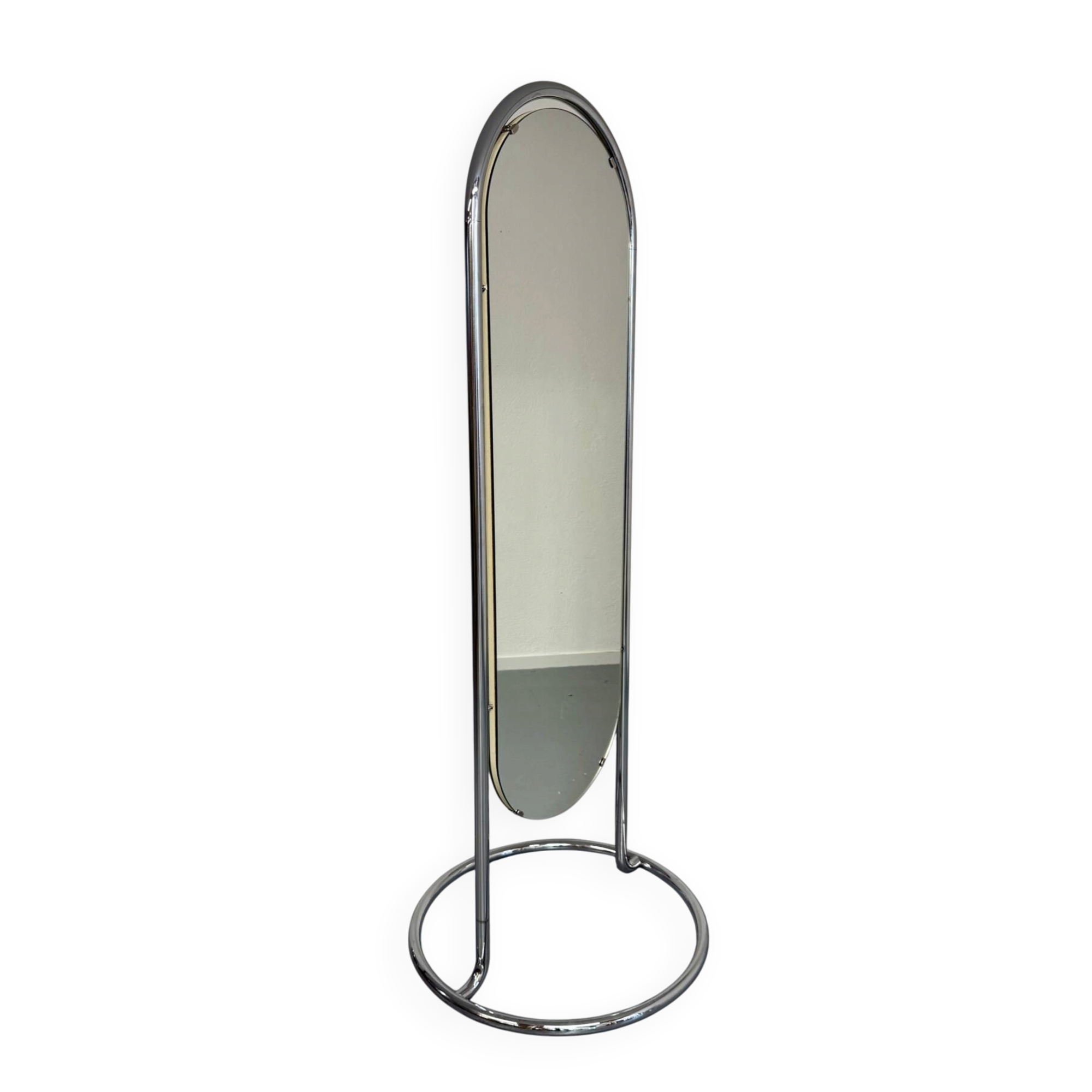 Large freestanding chrome metal full-length mirror in 1970s design.