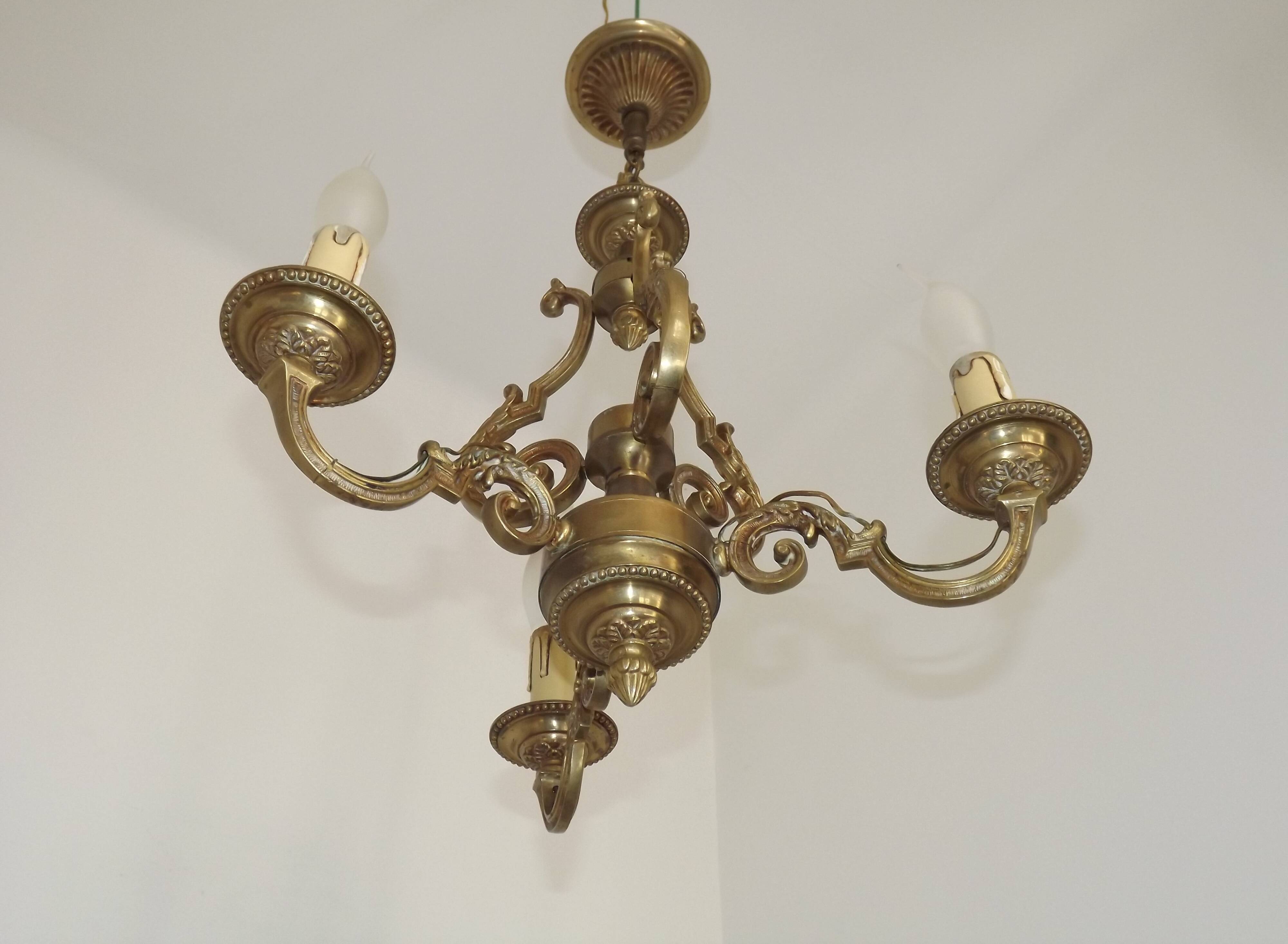 French Vintage Bronze Art Nouveau Style 3-Light 3-Sided Cage Chandelier
