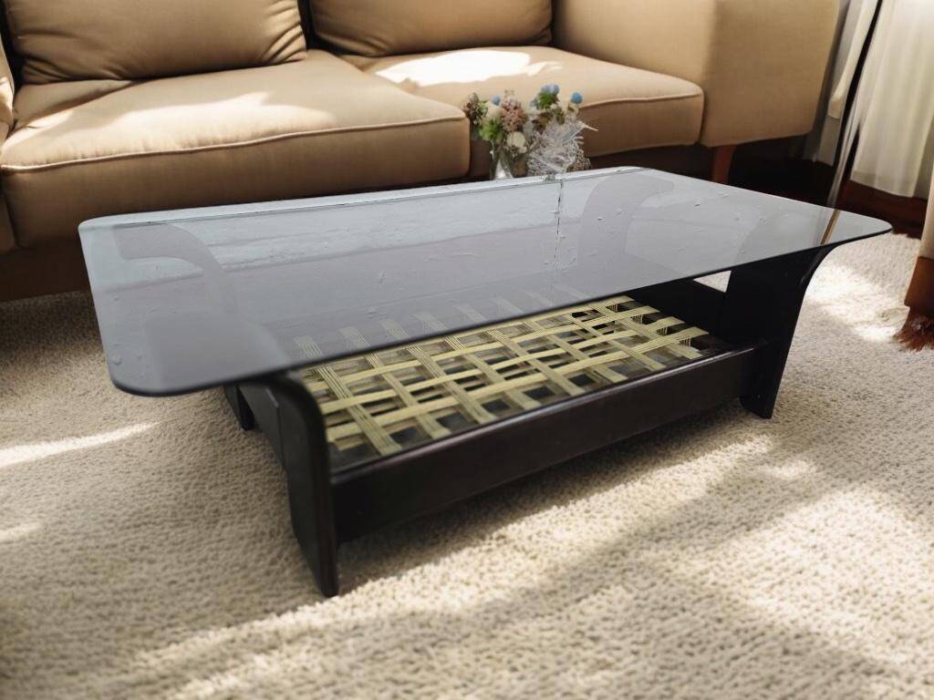 Vintage glass coffee table with dark wood frame