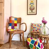 Plaid multicolore en crochet en laine vintage Granny square