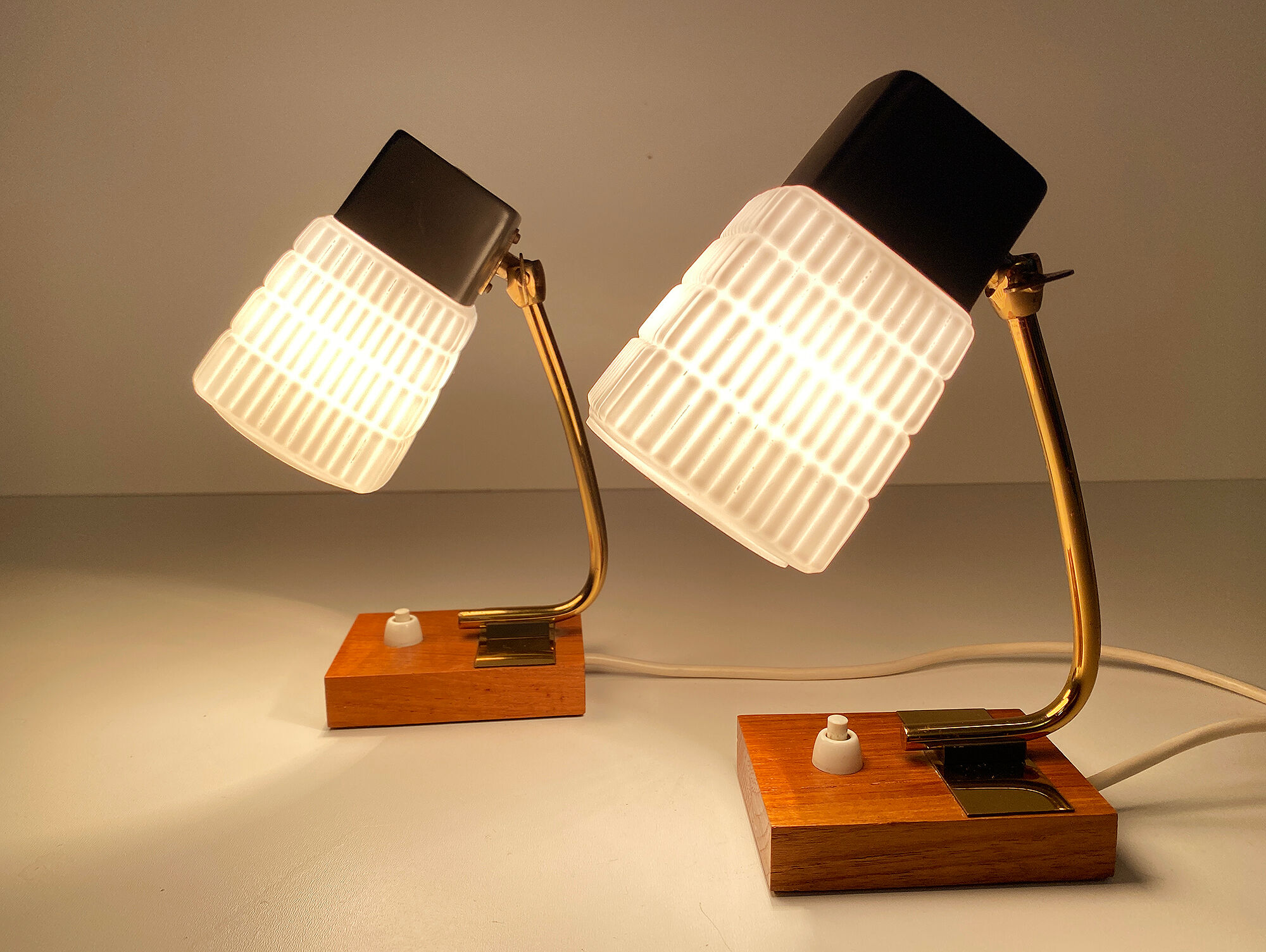 Pair of vintage Scandinavian lamps, teak and glass, 60s