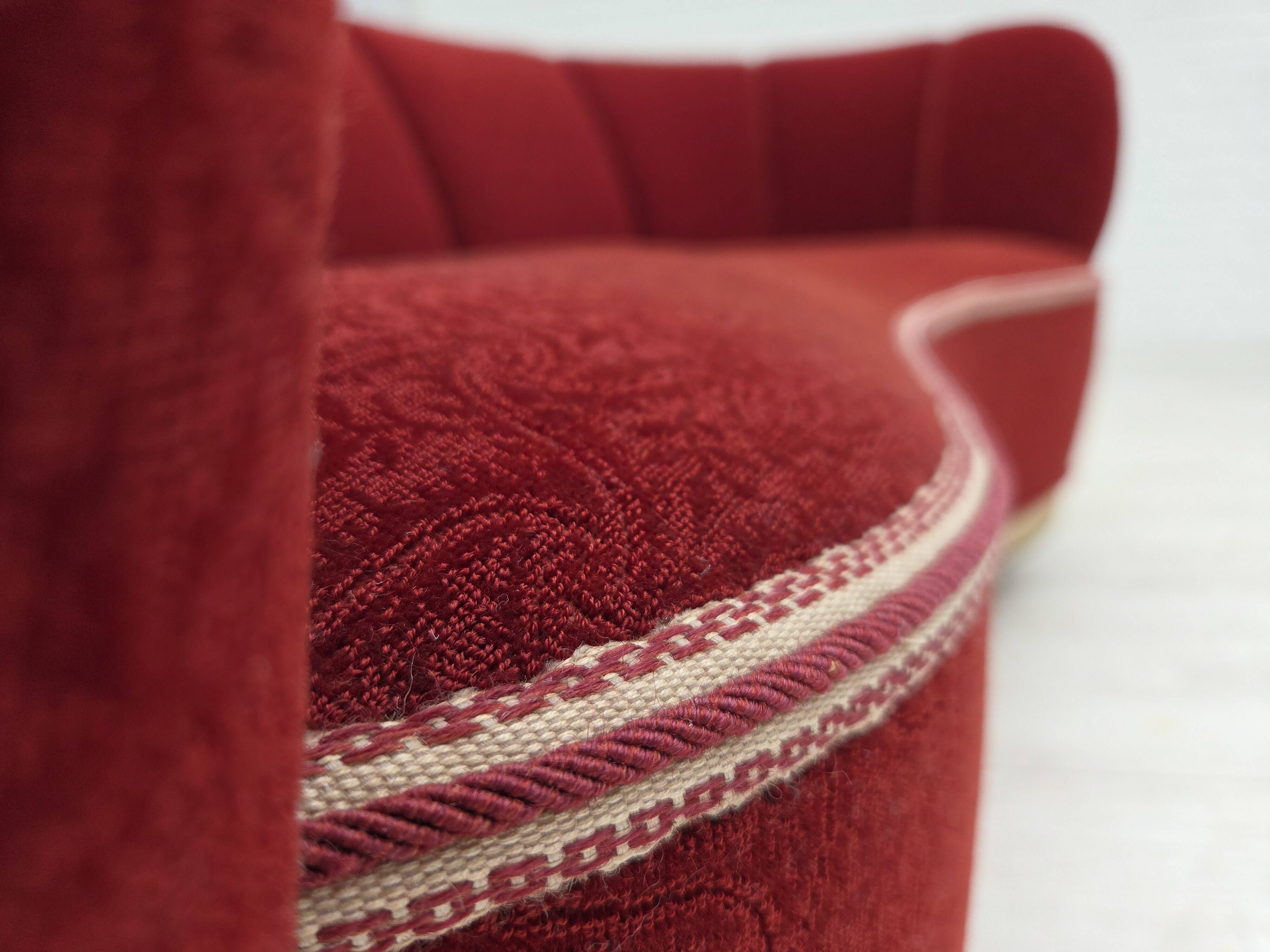 1960s, Danish curved 2-seater sofa, red/beige furniture wool fabric.