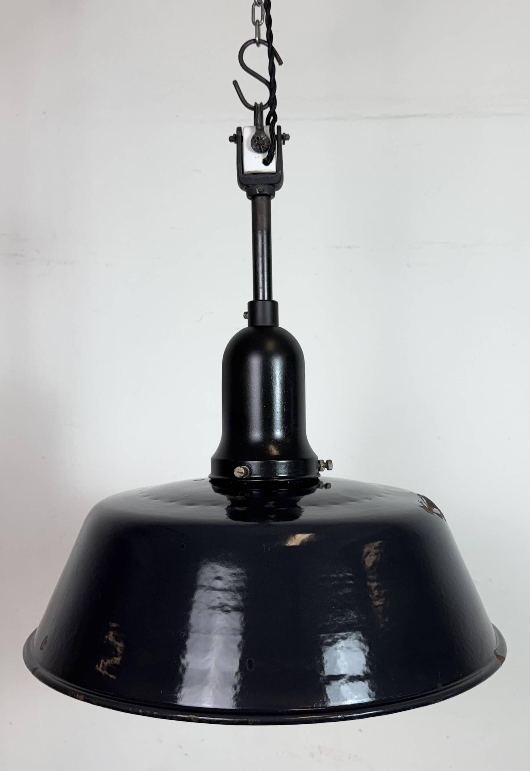 Industrial Black Enamel Factory Lamp with Porcelain Top, 1950s