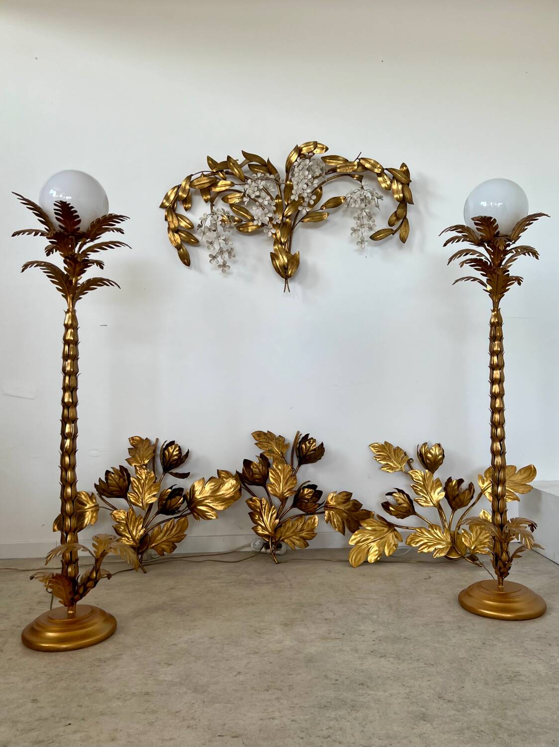 Old and large golden wall lamp Hans Kögl design from the 60s clusters of flowers
