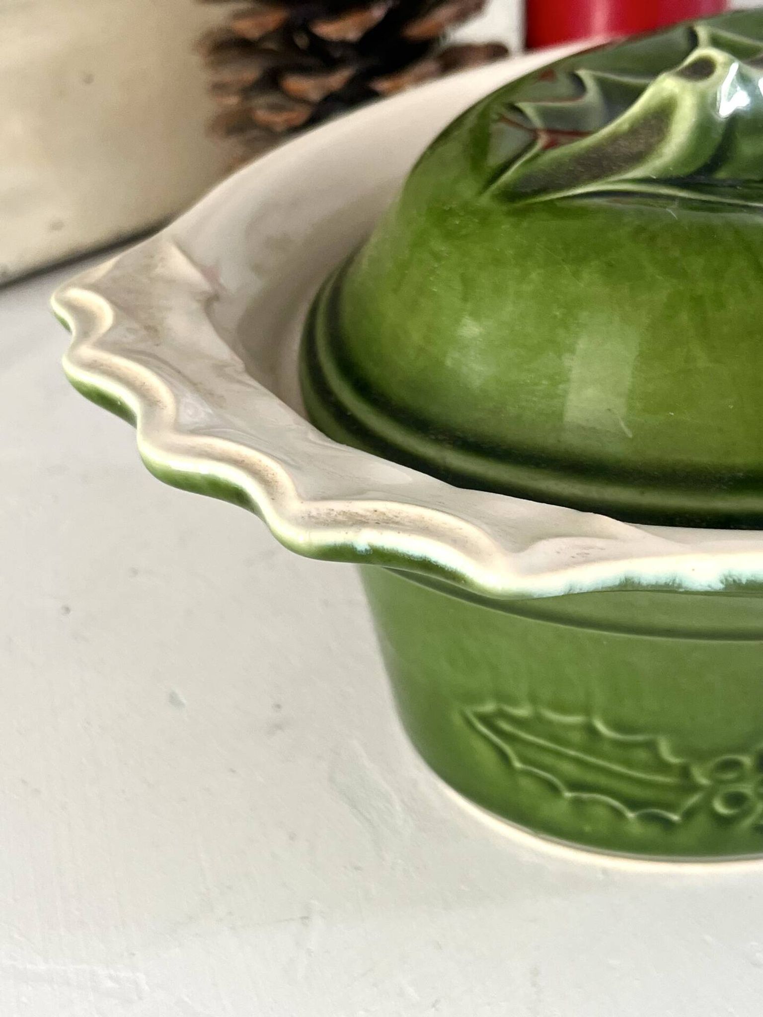 Christmas Terrine with Holly Lid, Green Ceramic Serving Dish, Vintage
