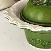 Christmas Terrine with Holly Lid, Green Ceramic Serving Dish, Vintage