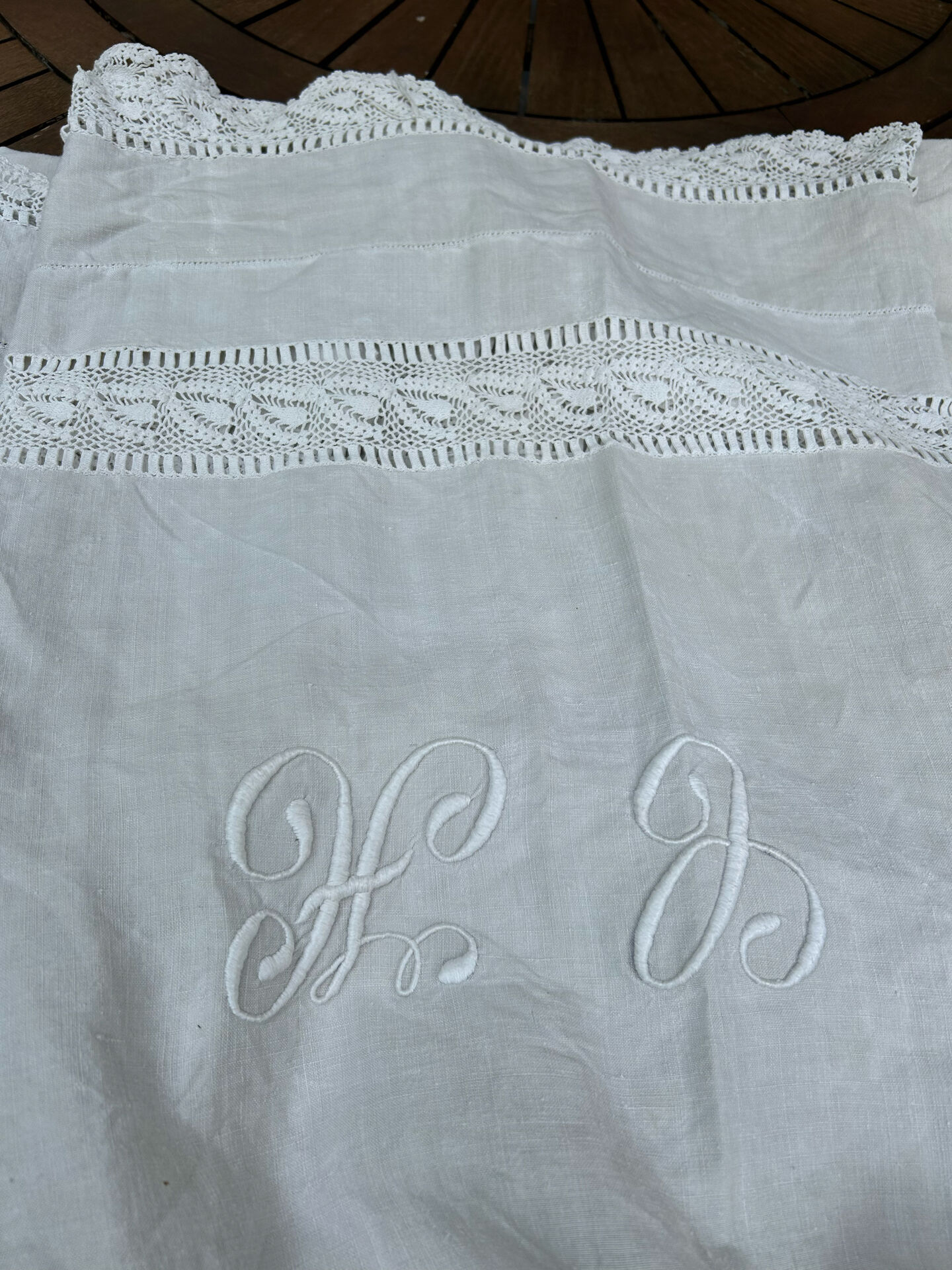 Large embroidered linen sheet with lace