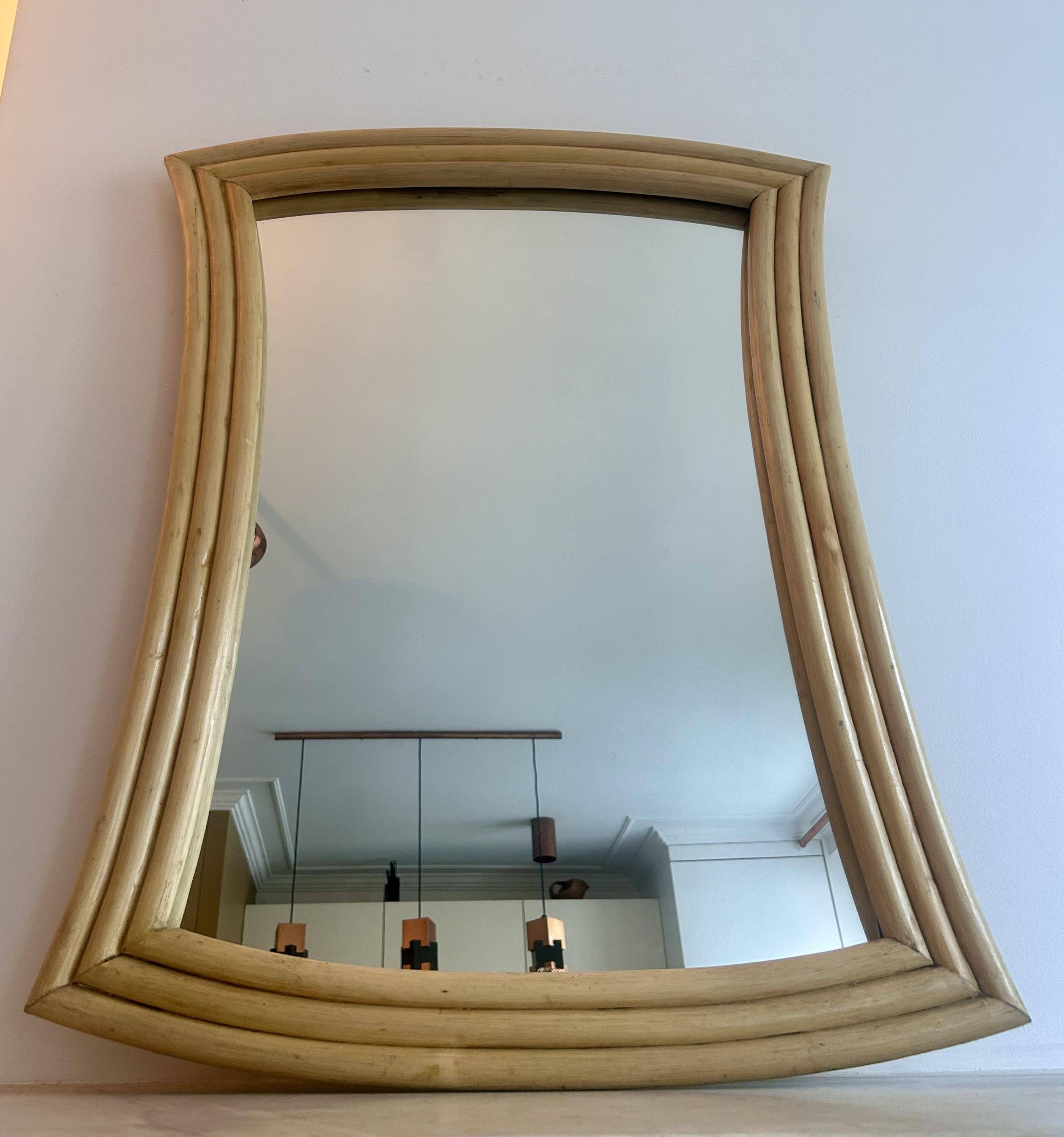 Vintage flared mirror, rattan, France 1970