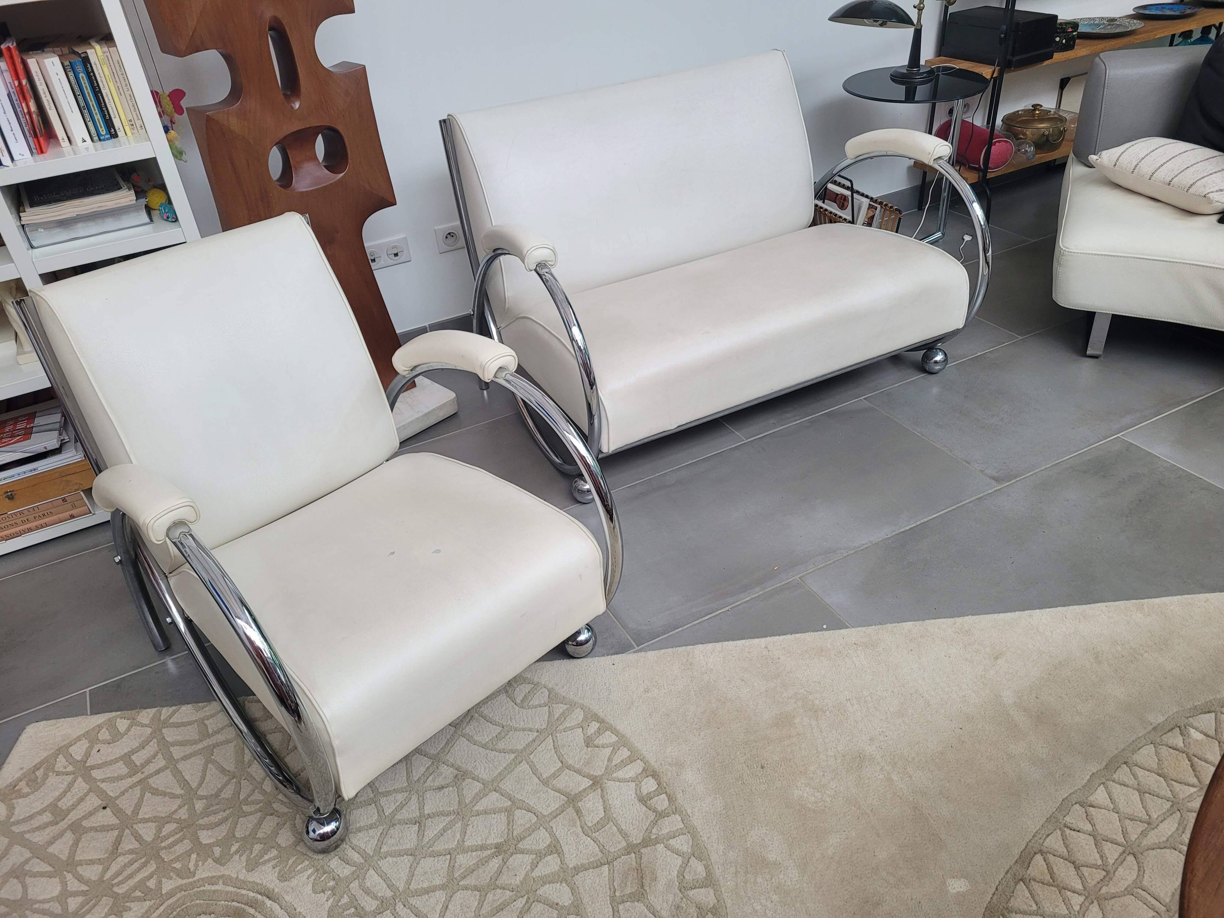 Sofa and armchair with chrome tubular structure modernist style