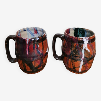 Set of 2 vintage enameled ceramic slip mug mugs signed Safi