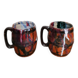 Set of 2 vintage enameled ceramic slip mug mugs signed Safi