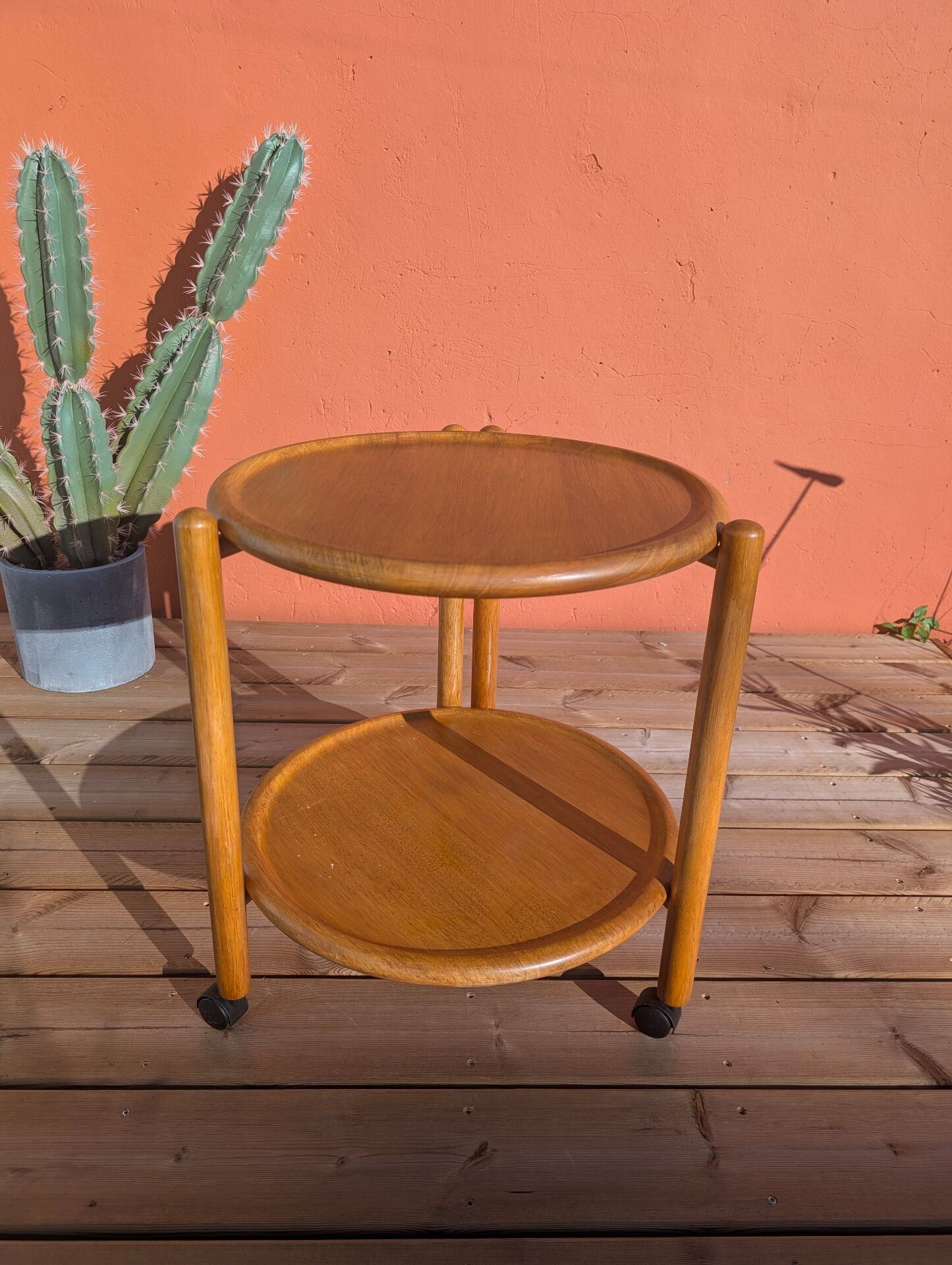 Side table with 2 trays on wheels, foldable, light wood (beech)