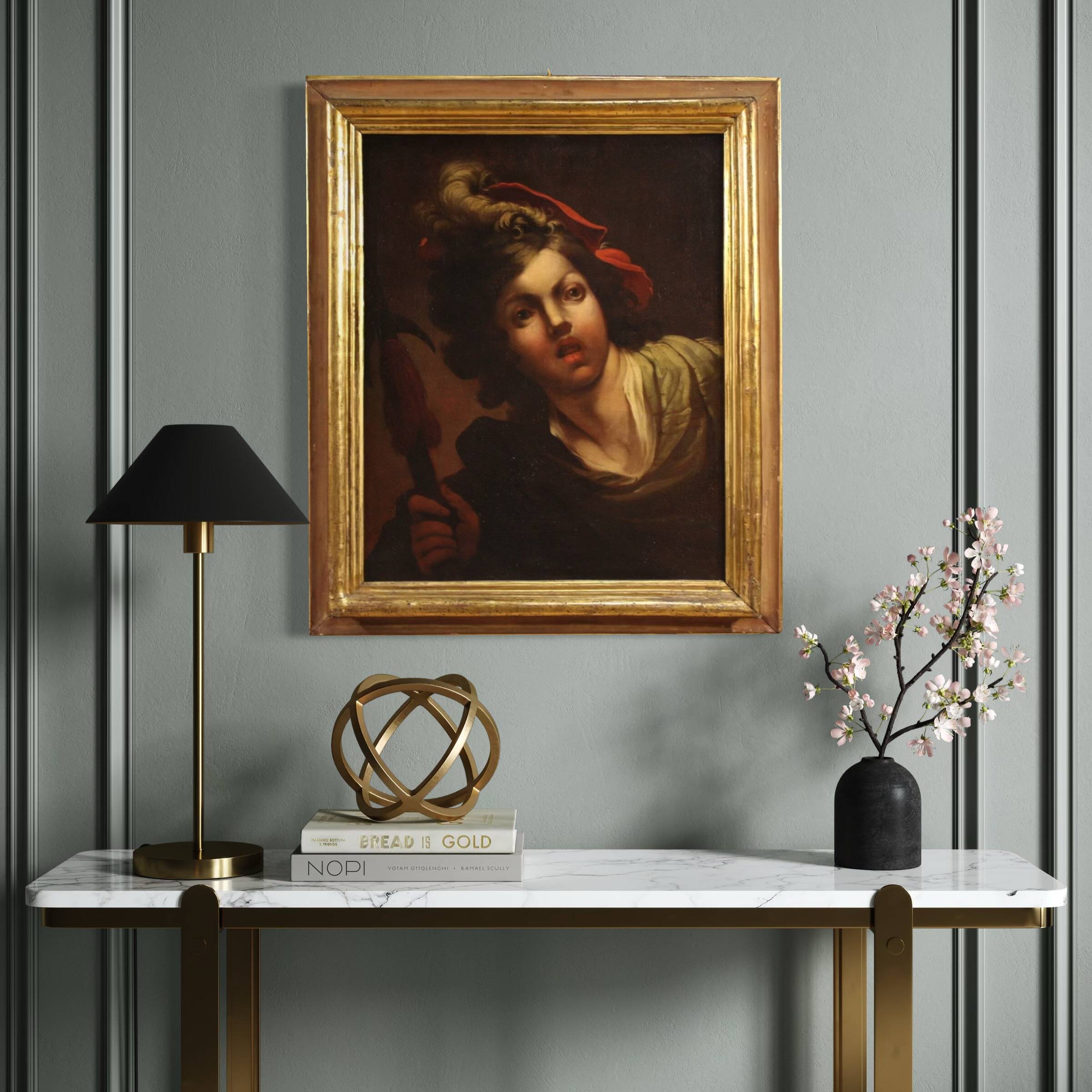 Antique French painting from the 18th century, portrait of a soldier