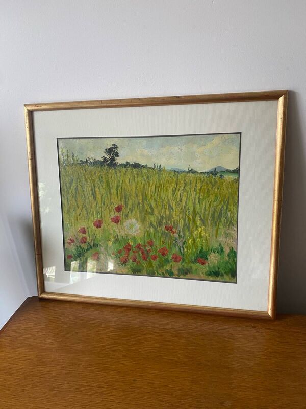 Tableau huile sur papier marcel juillard champs coquelicot cadre bois