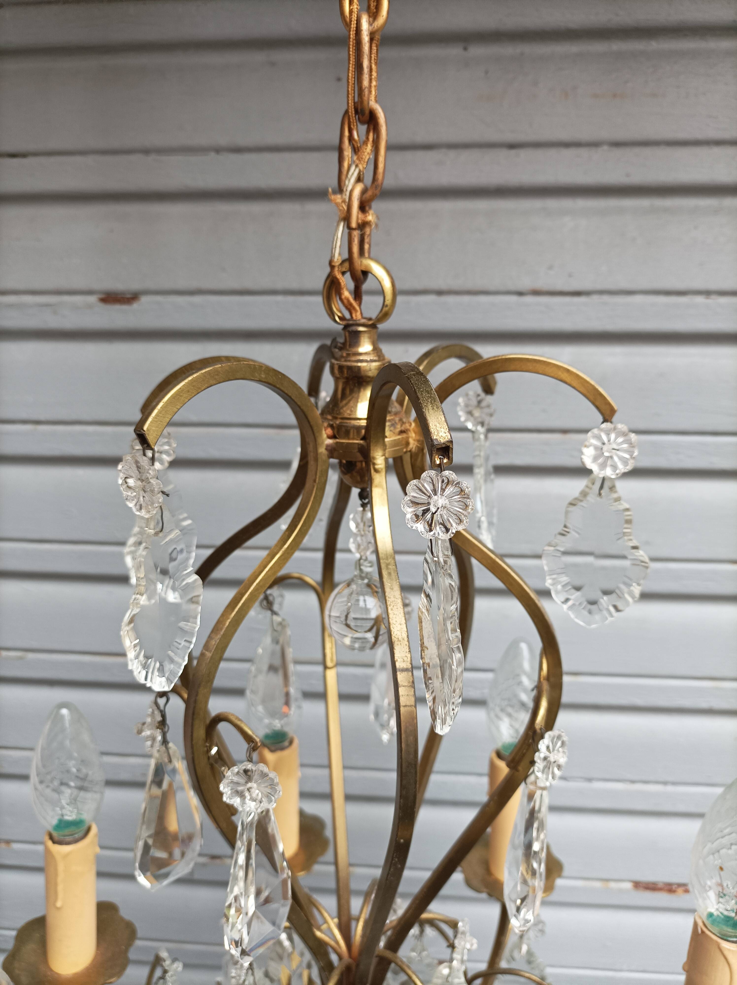 Remarkable 6-light cage chandelier with crystal pendants, complete and in working order.