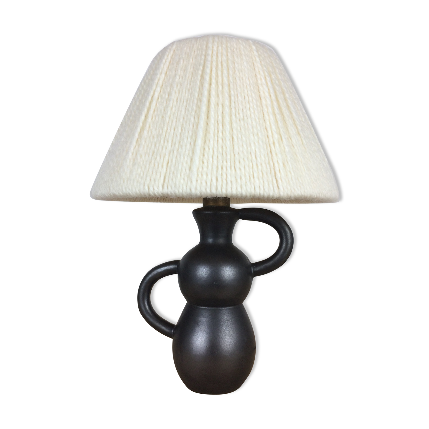 Black ceramic lamp Henri Chatard, 50s, wool lampshade