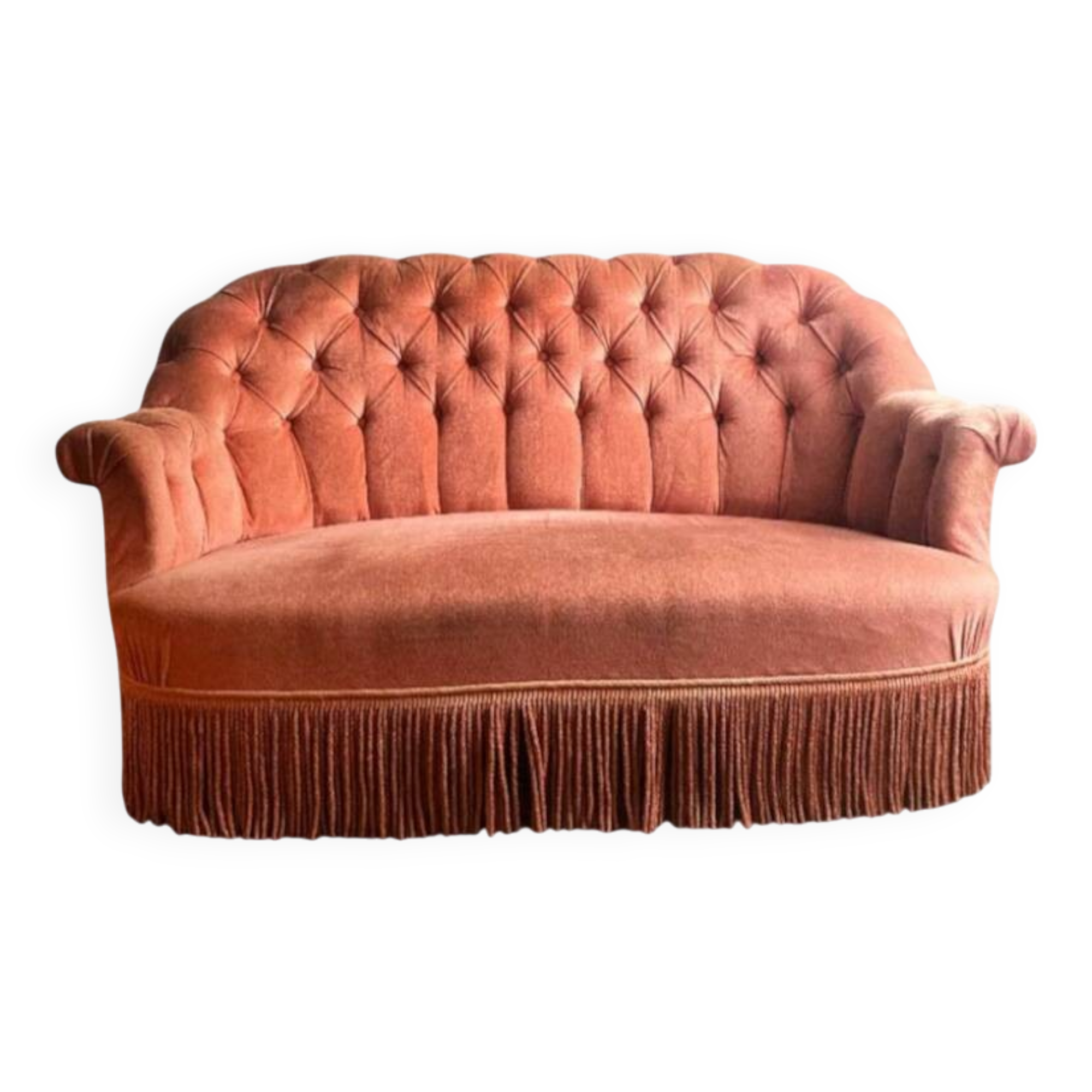 Old pink velvet upholstered toad sofa
