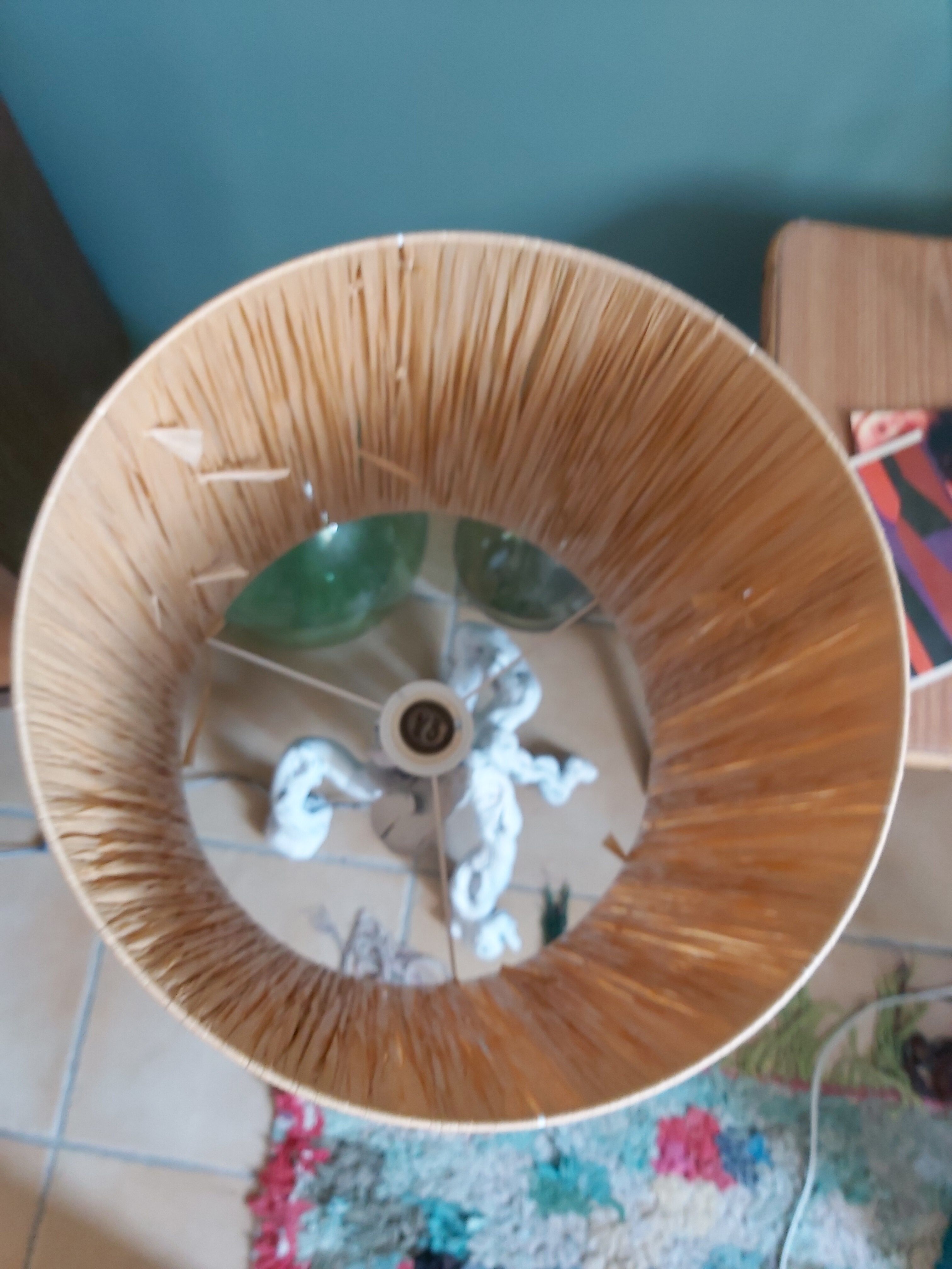 Wooden lamp and lampshade in vintage raffia