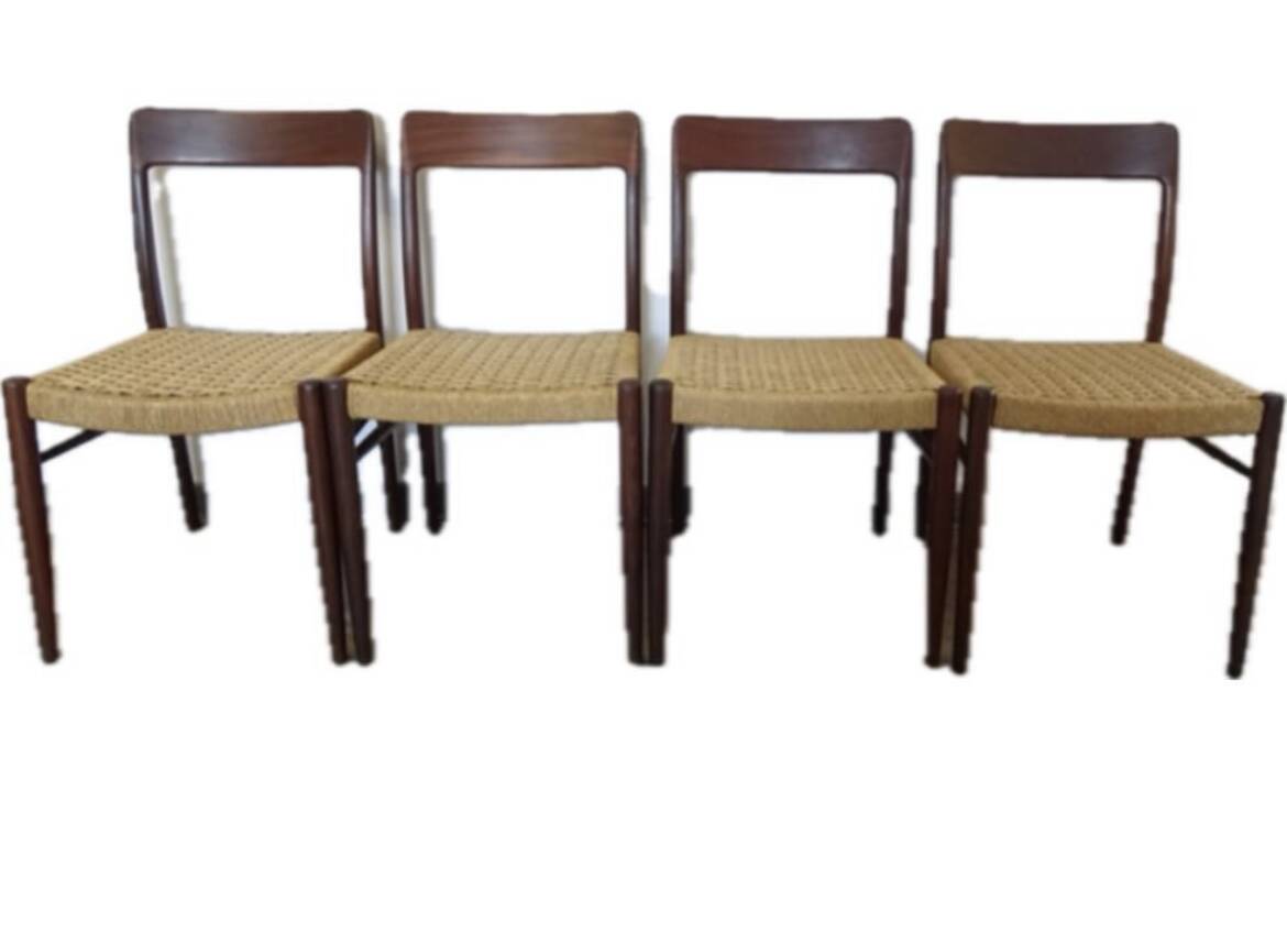 Set of 4 teak and rope chairs from the 60s