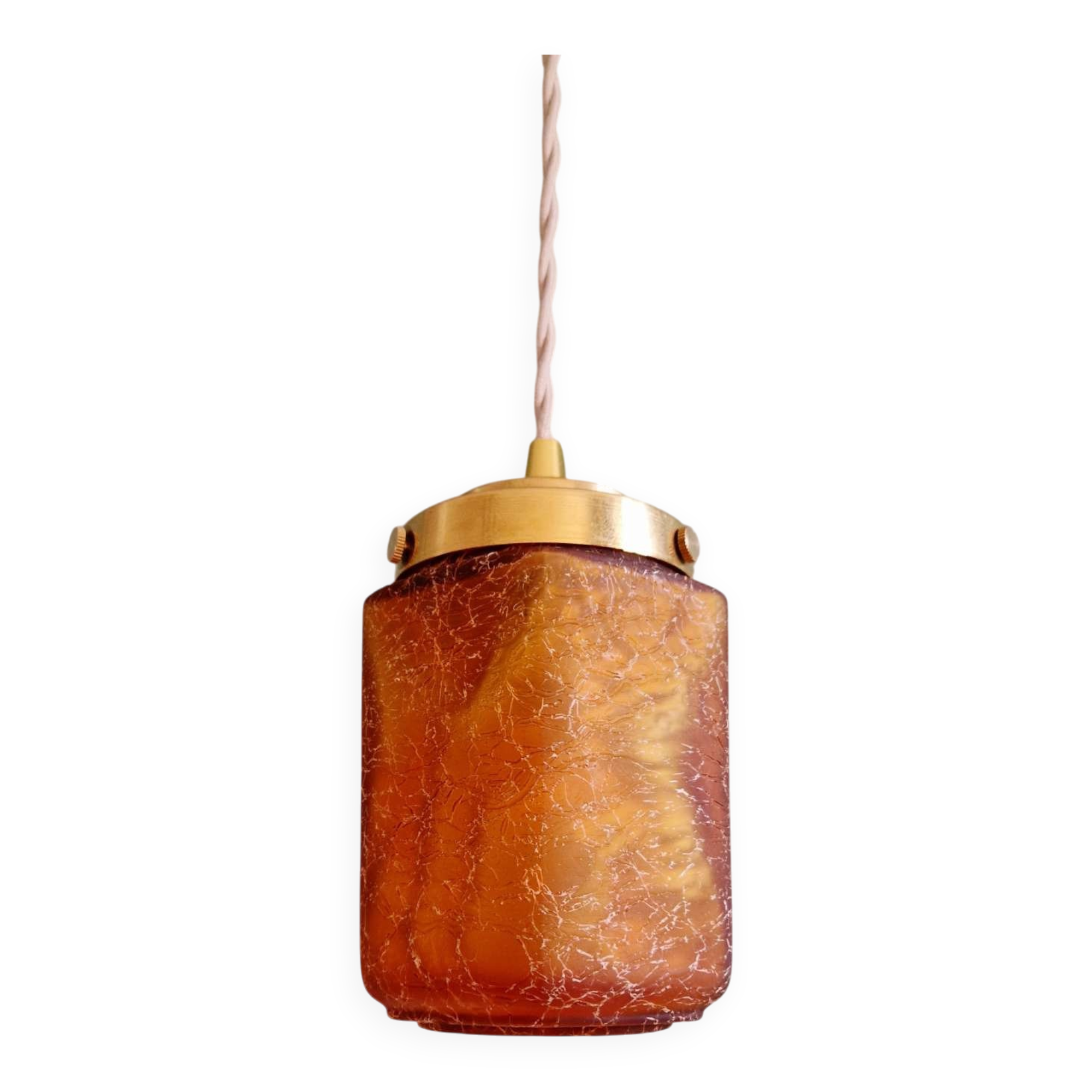 Art Deco pendant light in amber-colored crackled glass, 1920-30