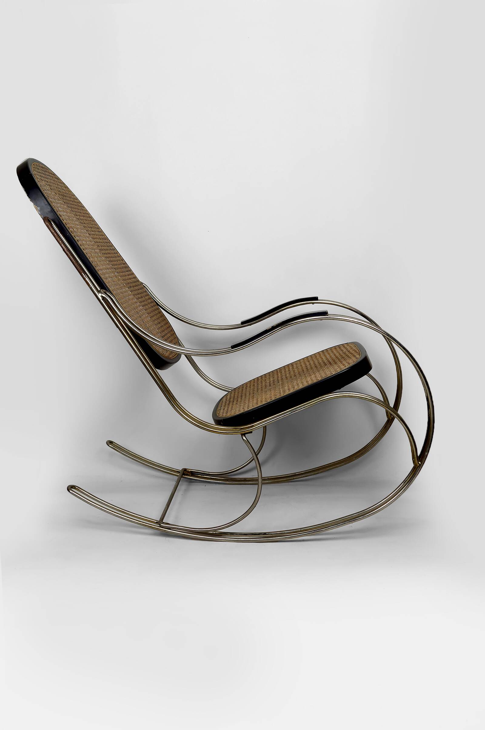 Modernist Rocking Chair in Blackened Wood, Canework and Chrome Frame, 1960-70